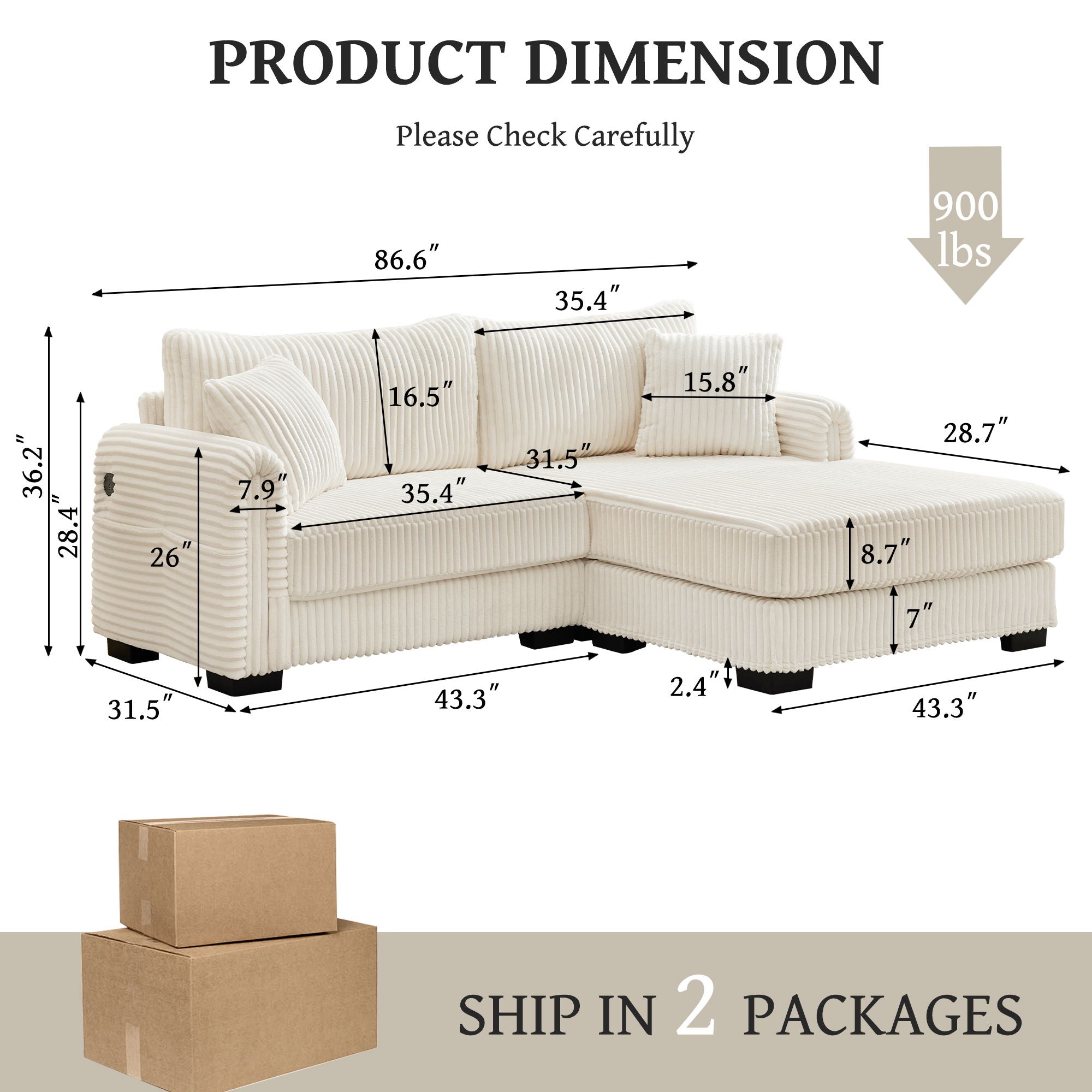 2 Seater L Shaped Chaise Sofa With Reversible Cushion, USB - C Charging Port, Storage Pocket, Convertible Left / Right Design