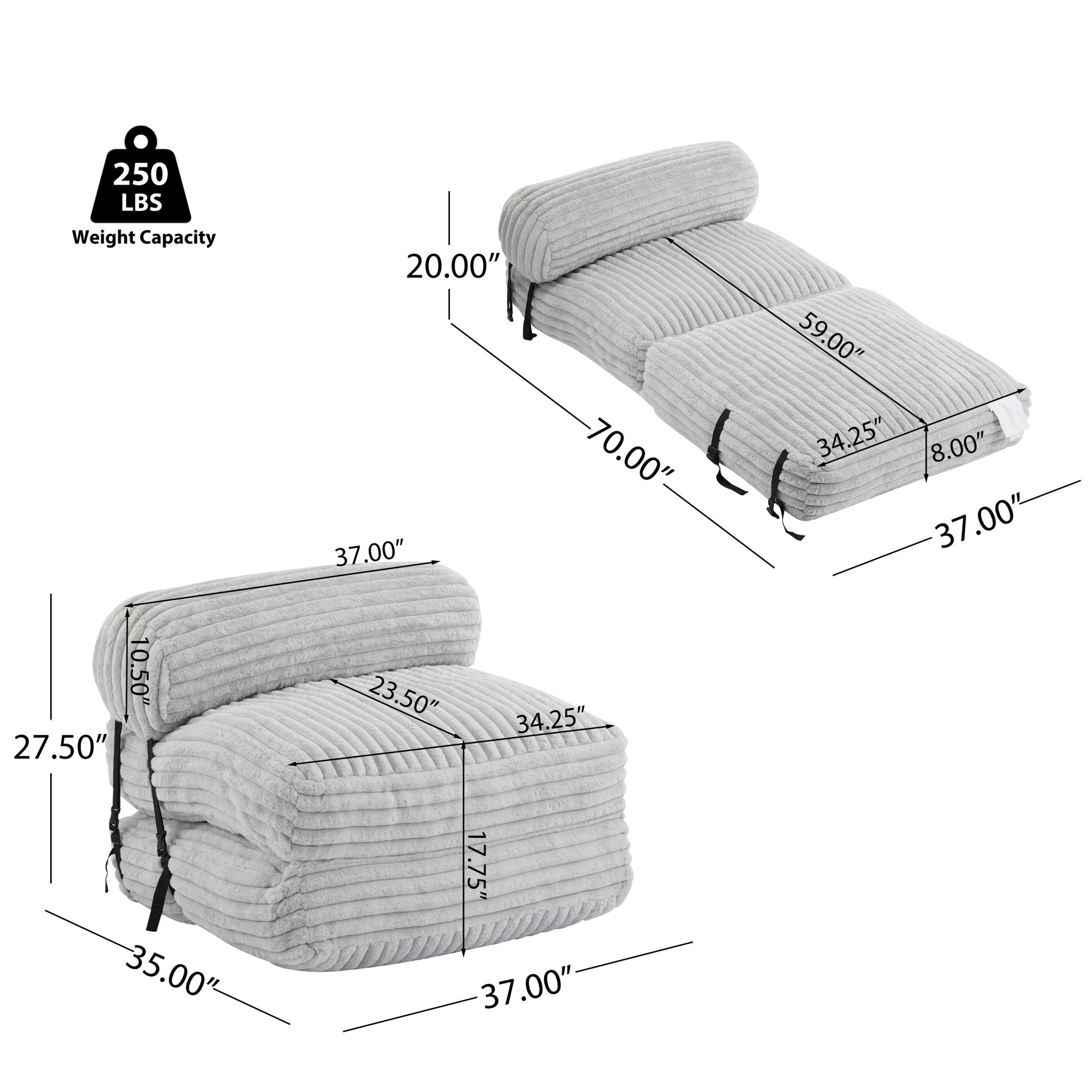 Latina - Indoor Foldbable Bean Bag Lounge Chair - Light Gray