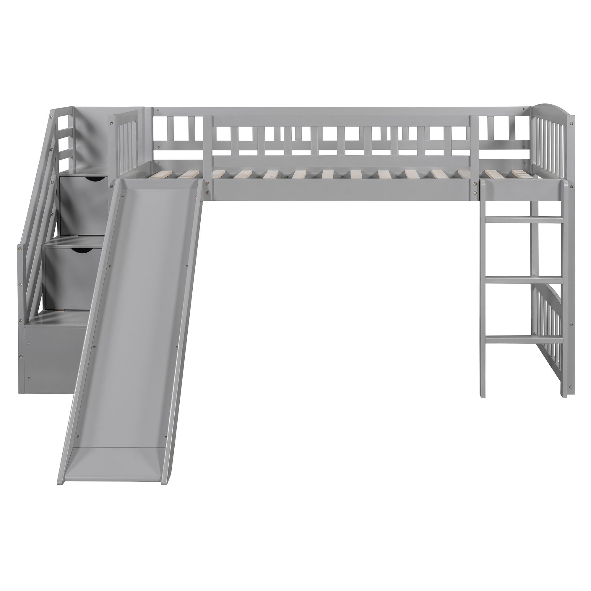 Loft Stairway Bed With 2 Drawers, Convertible Ladder And Slide