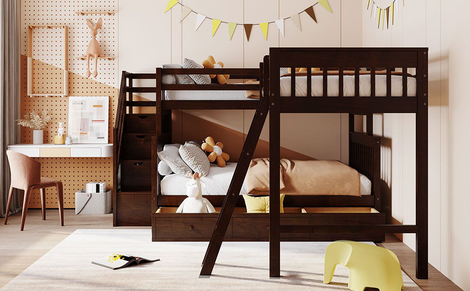 Solid L Shaped Bunk Bed With 3 Drawers, Ladder And Staircase
