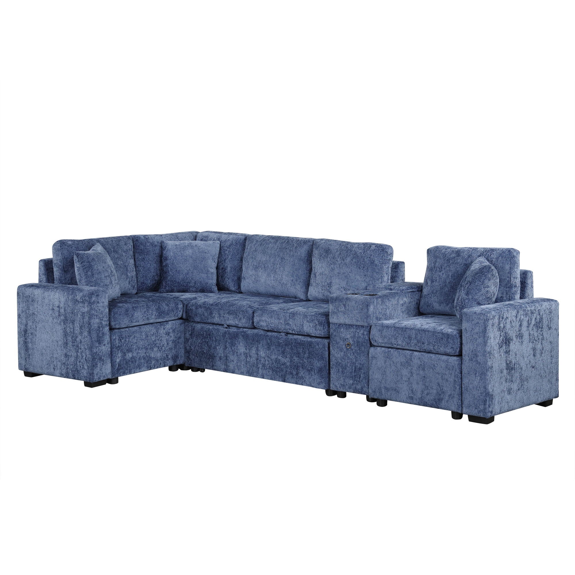 Contemporary L Shaped Convertible Sofa Bed With Pull Out Bed, Cup Holders, And Storage