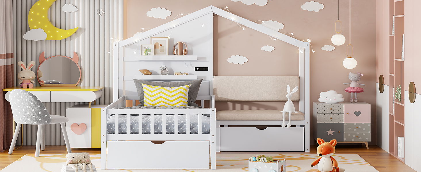 House Bed With Upholstered Sofa, Wireless Charging Station, Shelves And 2 Drawers