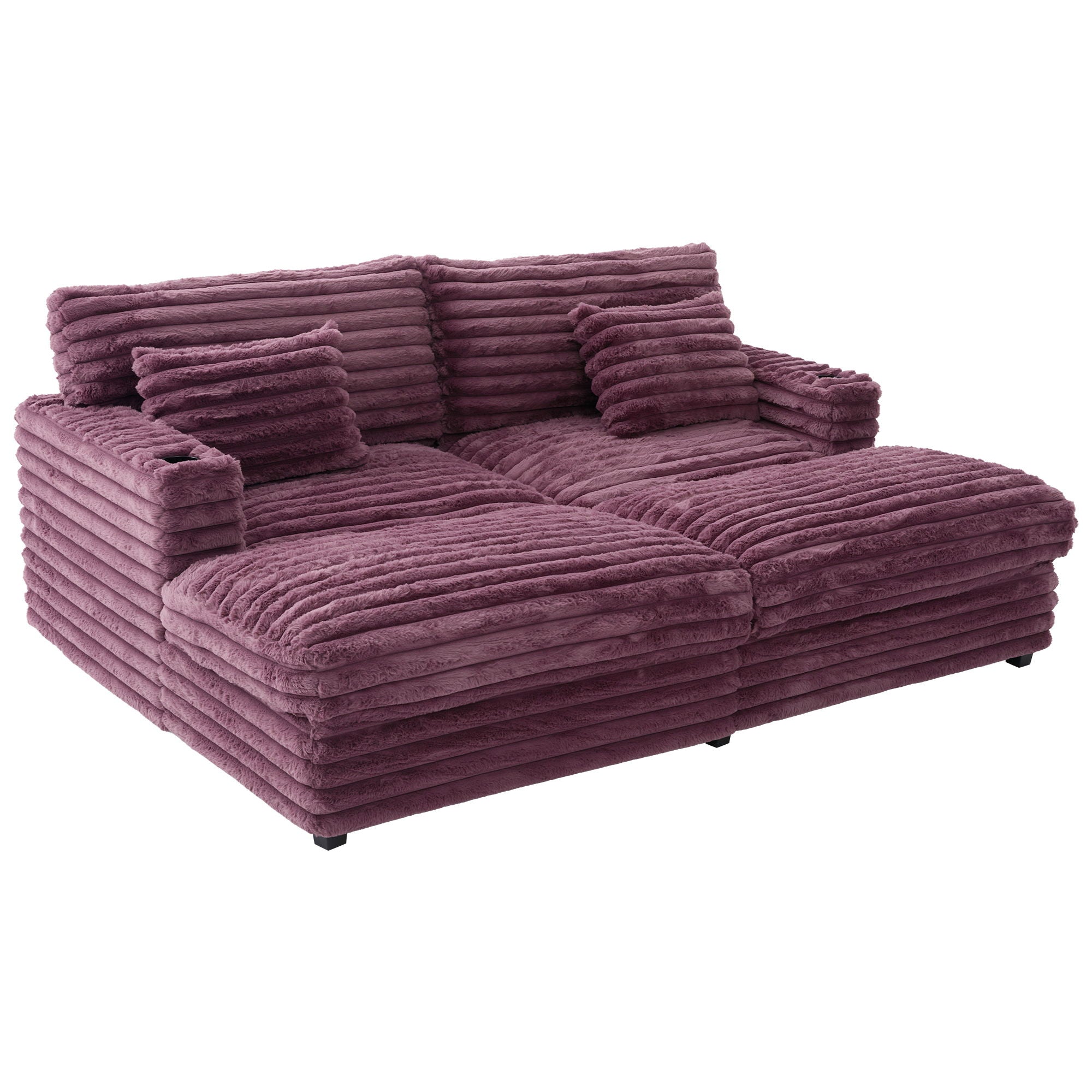 Plush Oversized Double Chaise Lounge Sofa Bed With USB Ports And Cup Holders