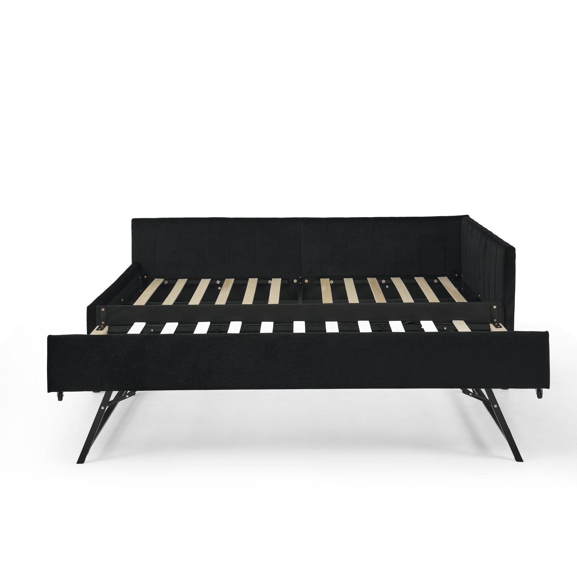 Full Size Upholstered Daybed With Trundle, Tufted Backrest And Armrests - Black