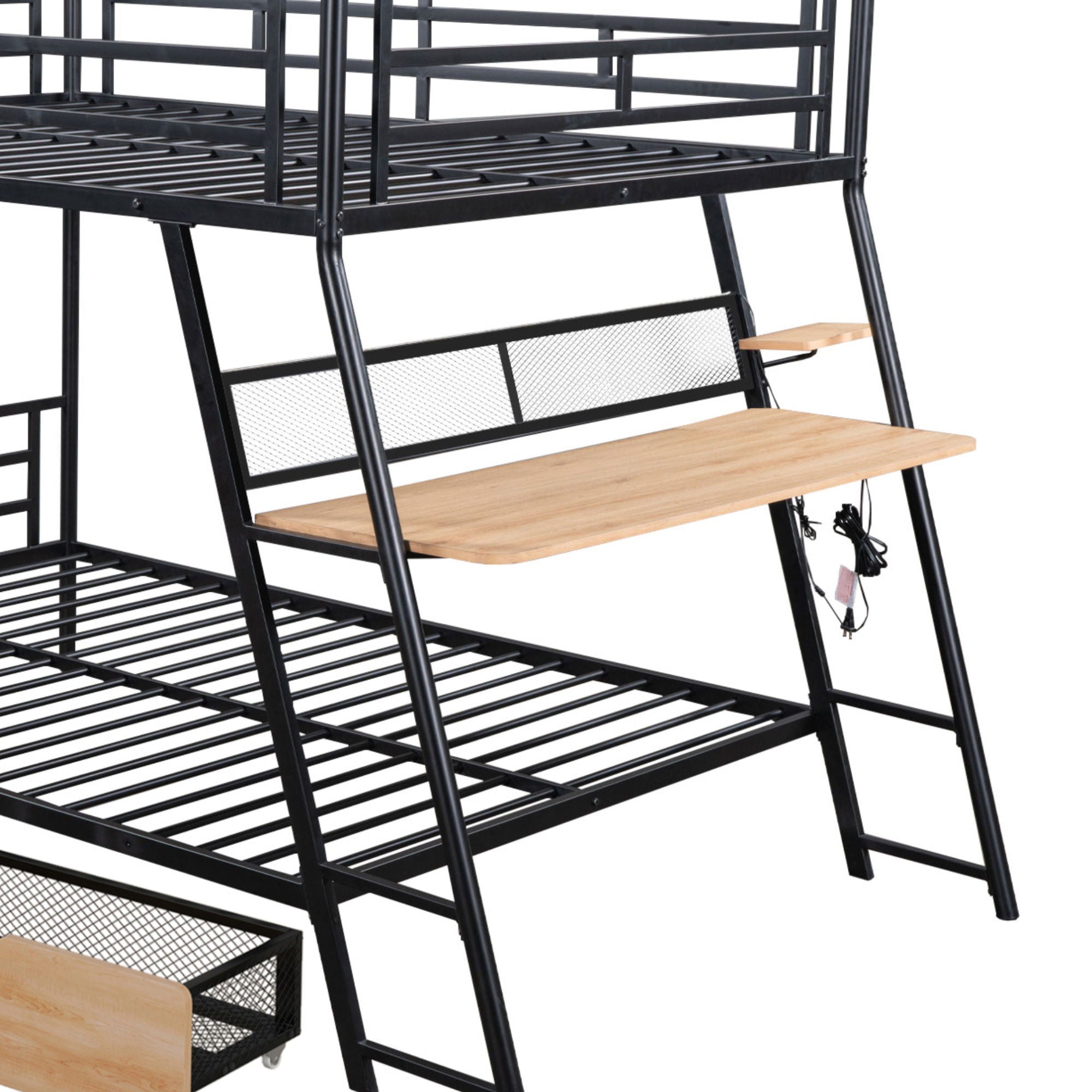 Full Size Bunk Bed With Built In Desk, Light, And 2 Drawers - Black
