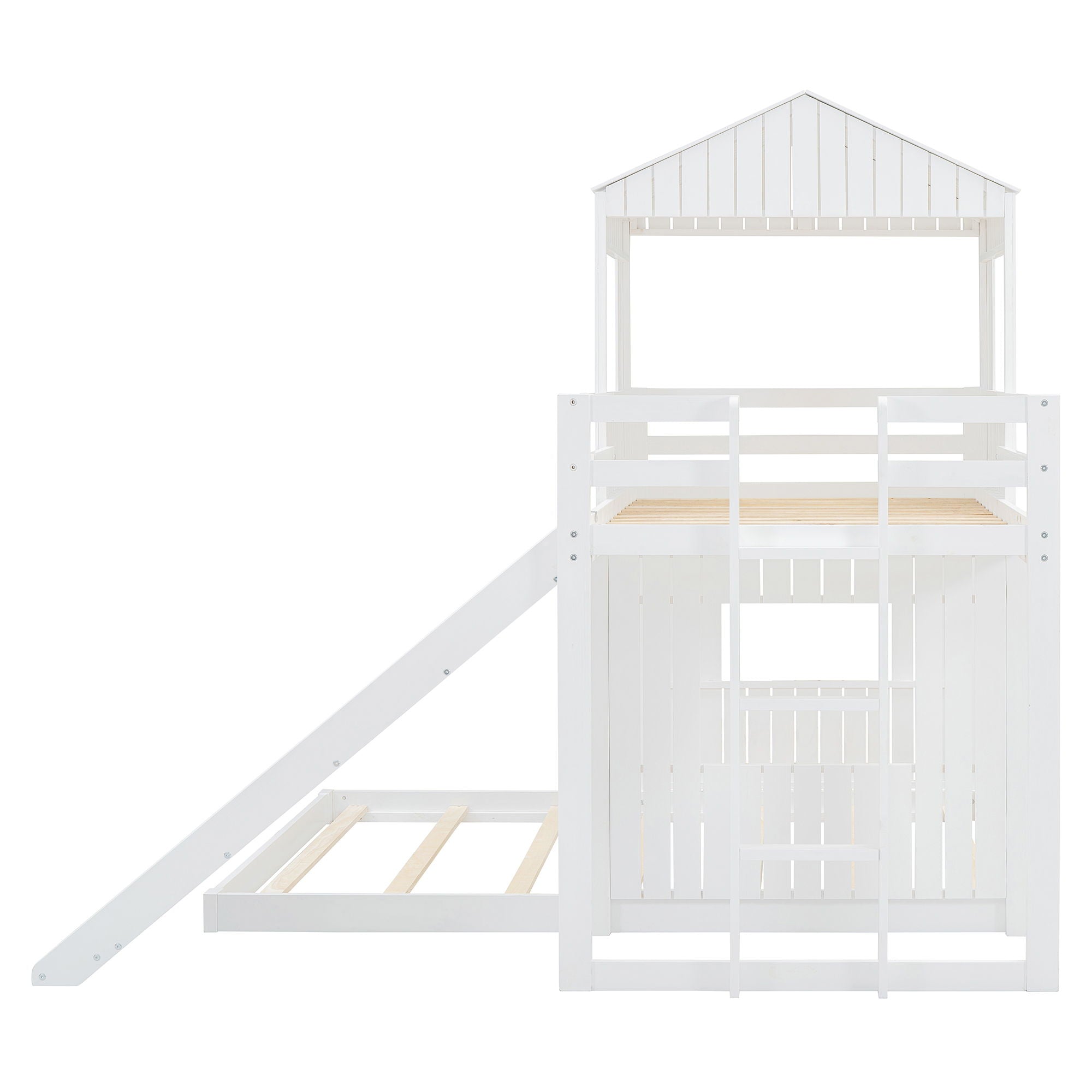 Loft Bunk Bed With Playhouse, Farmhouse, Ladder, Slide And Guardrails