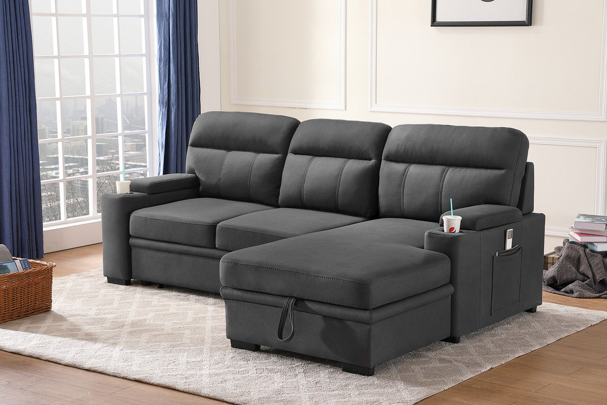 Kaden 94"W Gray Fabric Sleeper Sectional Sofa Chaise with Storage Arms and Cupholder