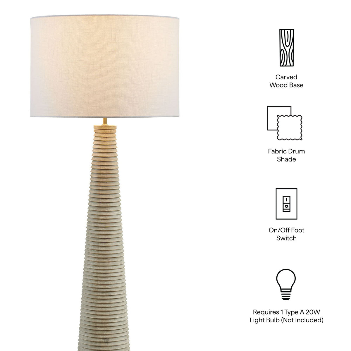 Saylor Carved Ribbed Wood Floor Lamp With Drum Shade by Modway