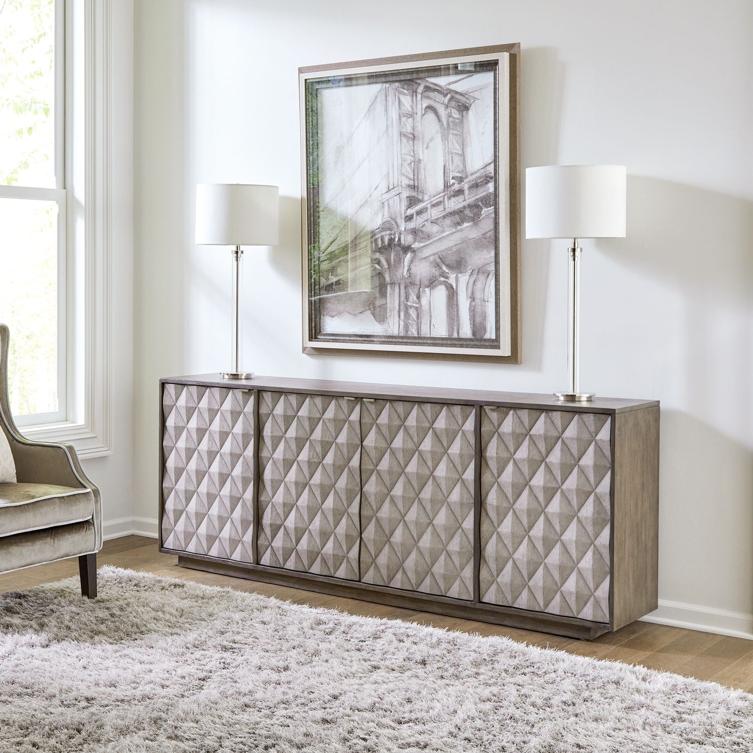 Liberty Furniture Prism - 82" Accent TV Console - Weathered Bark With Weathered Gray Doors | Meri Furniture