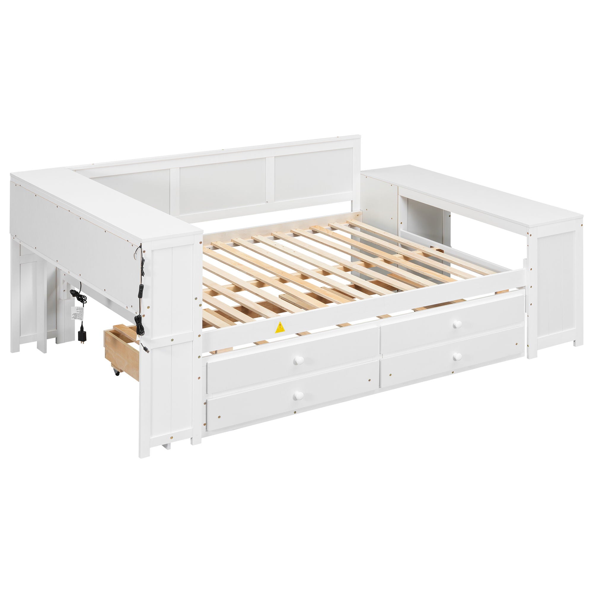 Daybed With Storage Shelves, Drawers, Trundle, Charging Station, LED Light, Desk And Cabinet