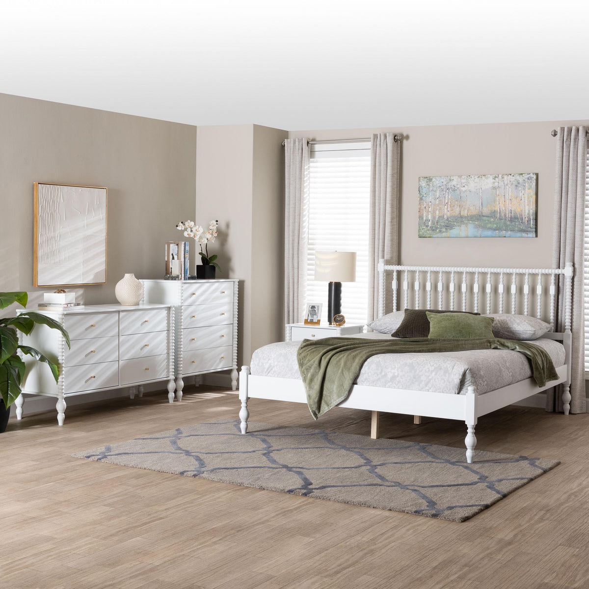 Denita Spindle 4-Piece Bedroom Set - Farmhouse Platform Bed with Matching Dresser, Chest, and 1-Drawer Nightstand, White, Queen