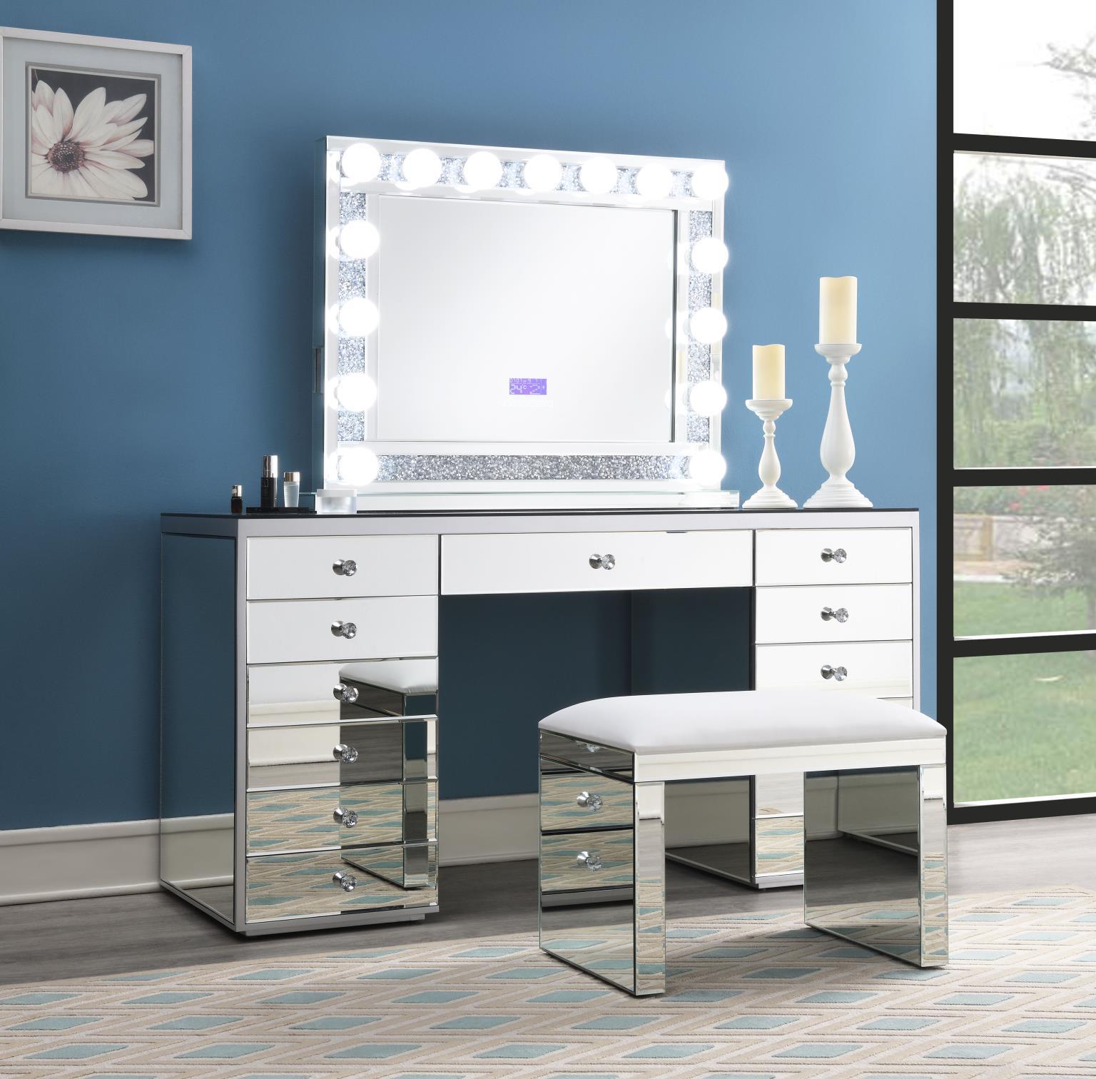 G-317 - Glamour Vanity Set (MDF Dresser + Mirror Bluetooth Speaker With Lights) - Pearl Silver