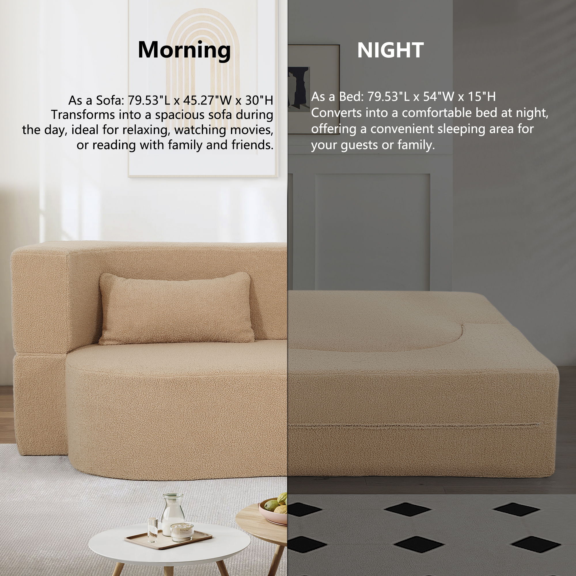 2 In 1 Convertible Full Size Folding Loveseat Couch With Soft Teddy Fabric