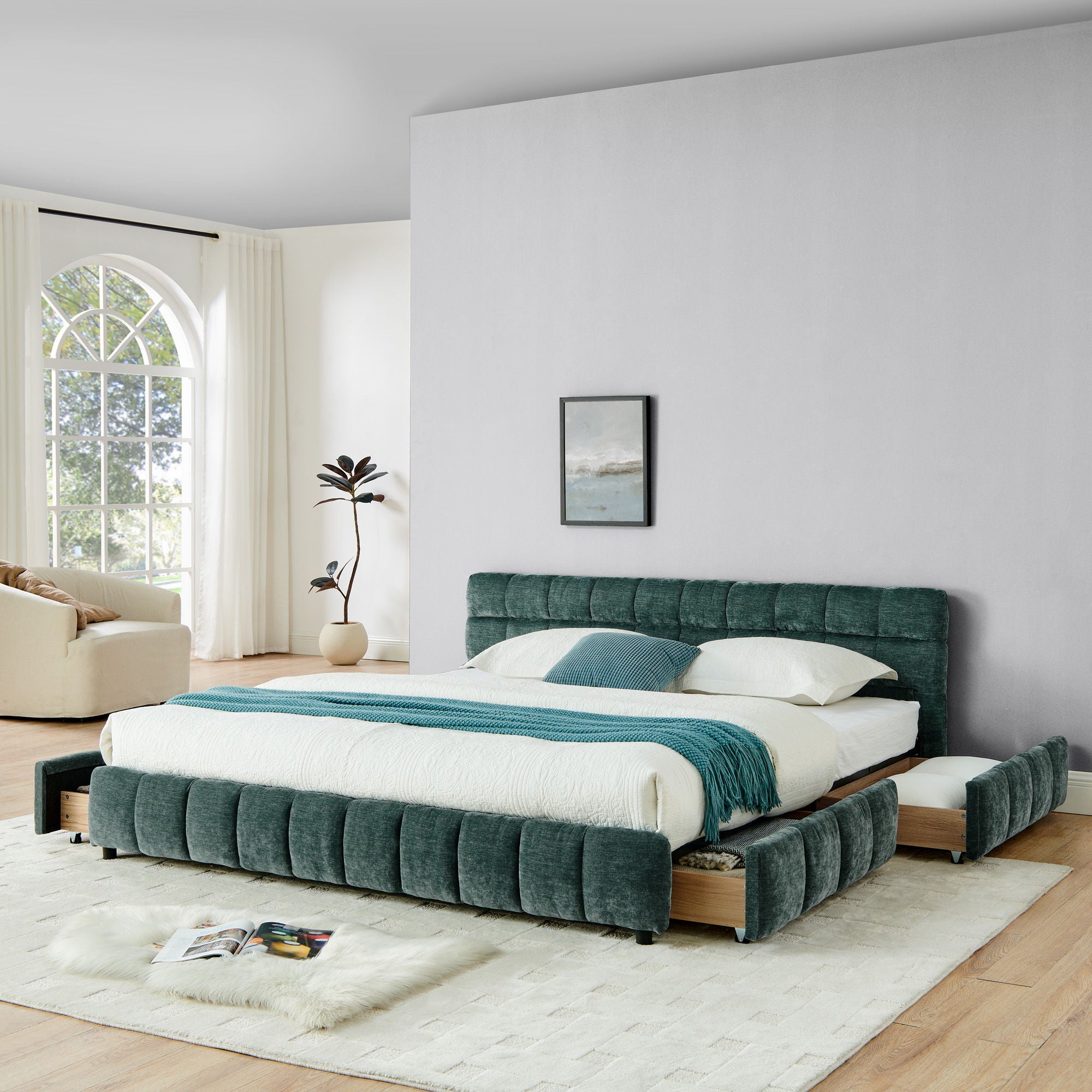 Modern Platform Bed Frame With Thick Chenille Fabric