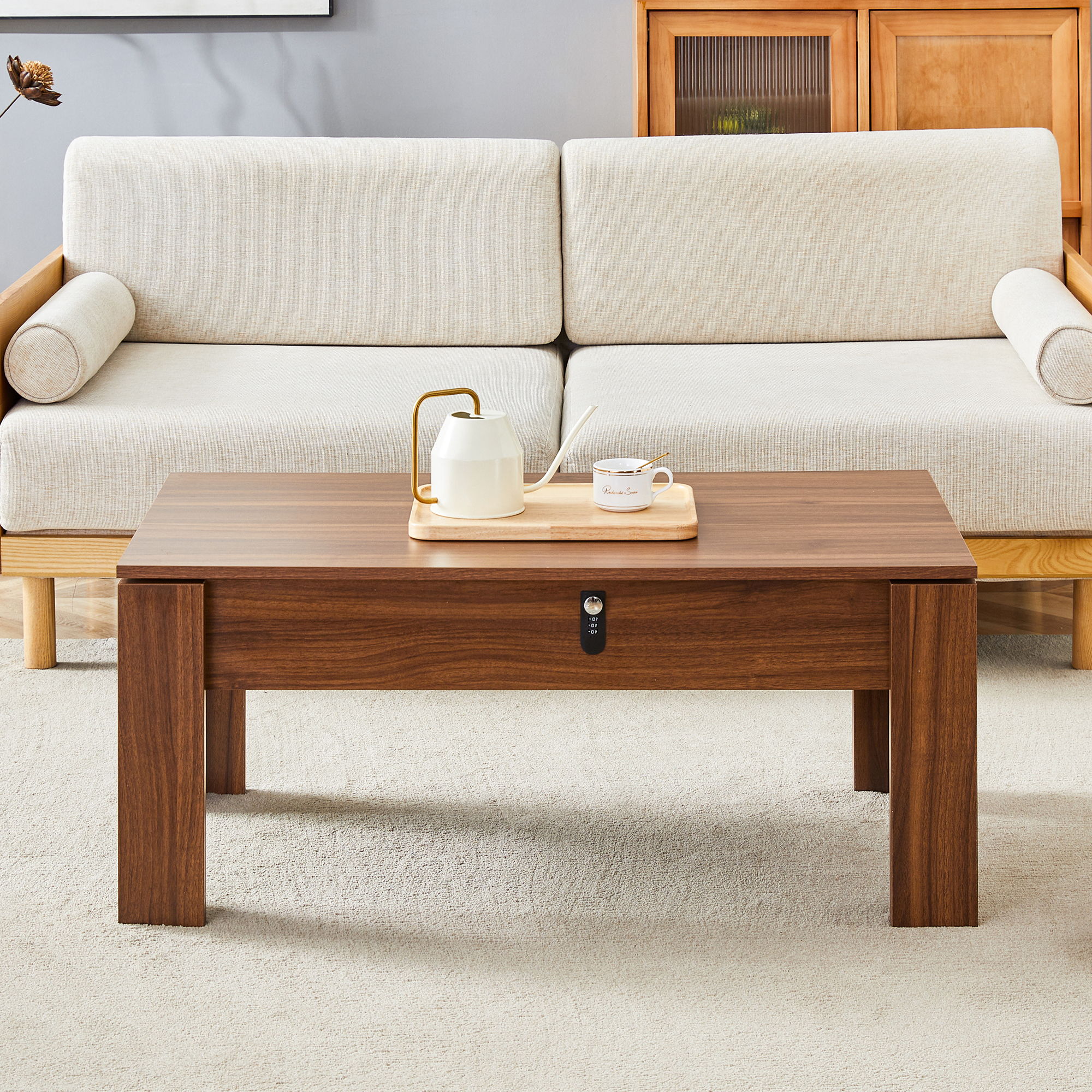 Multi Functional Coffee Table With Password Lock, Suitable For Storing Firearms And Wine - Walnut