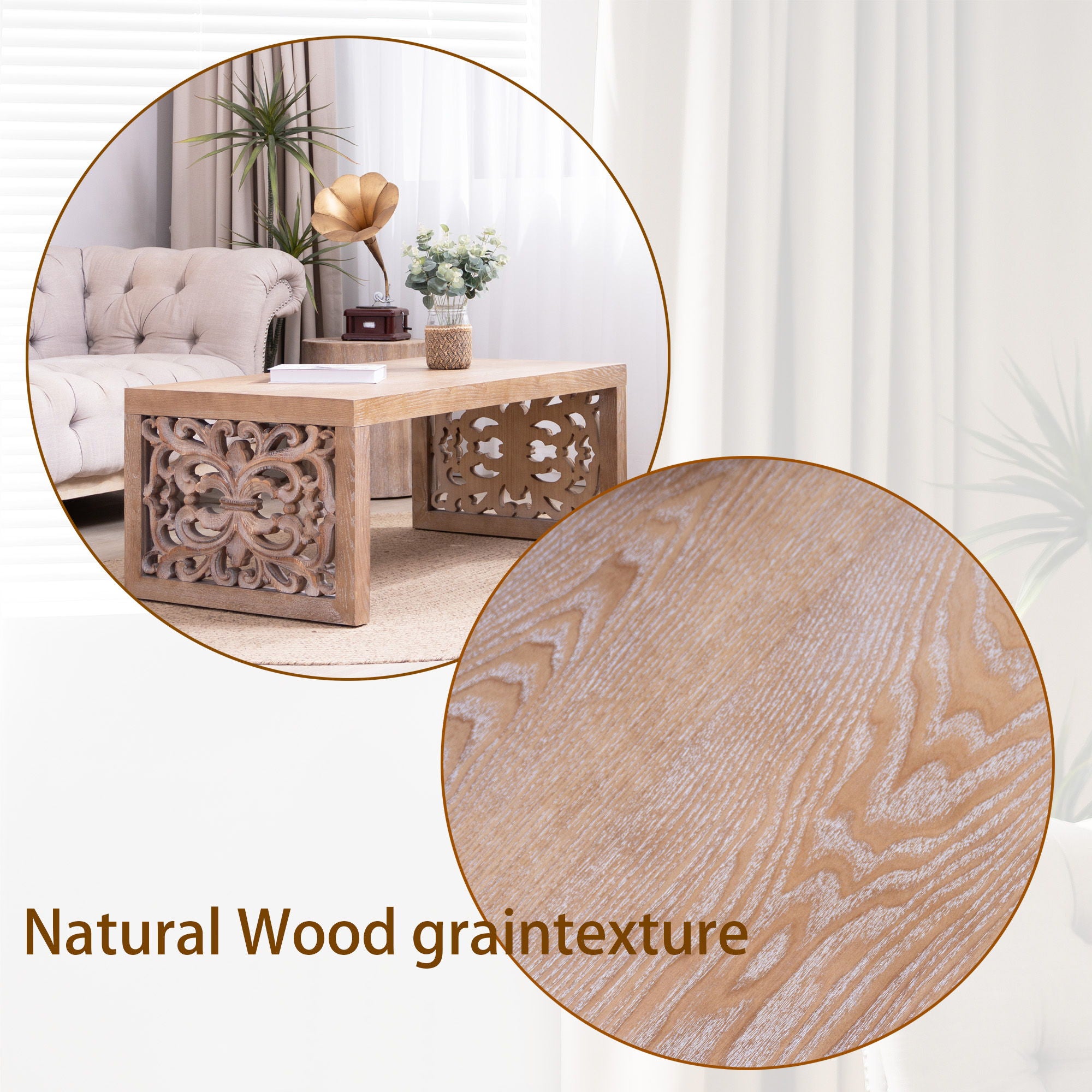 Rustic Carved Wood Coffee Table, Handcrafted Look With Ornate Side Panels