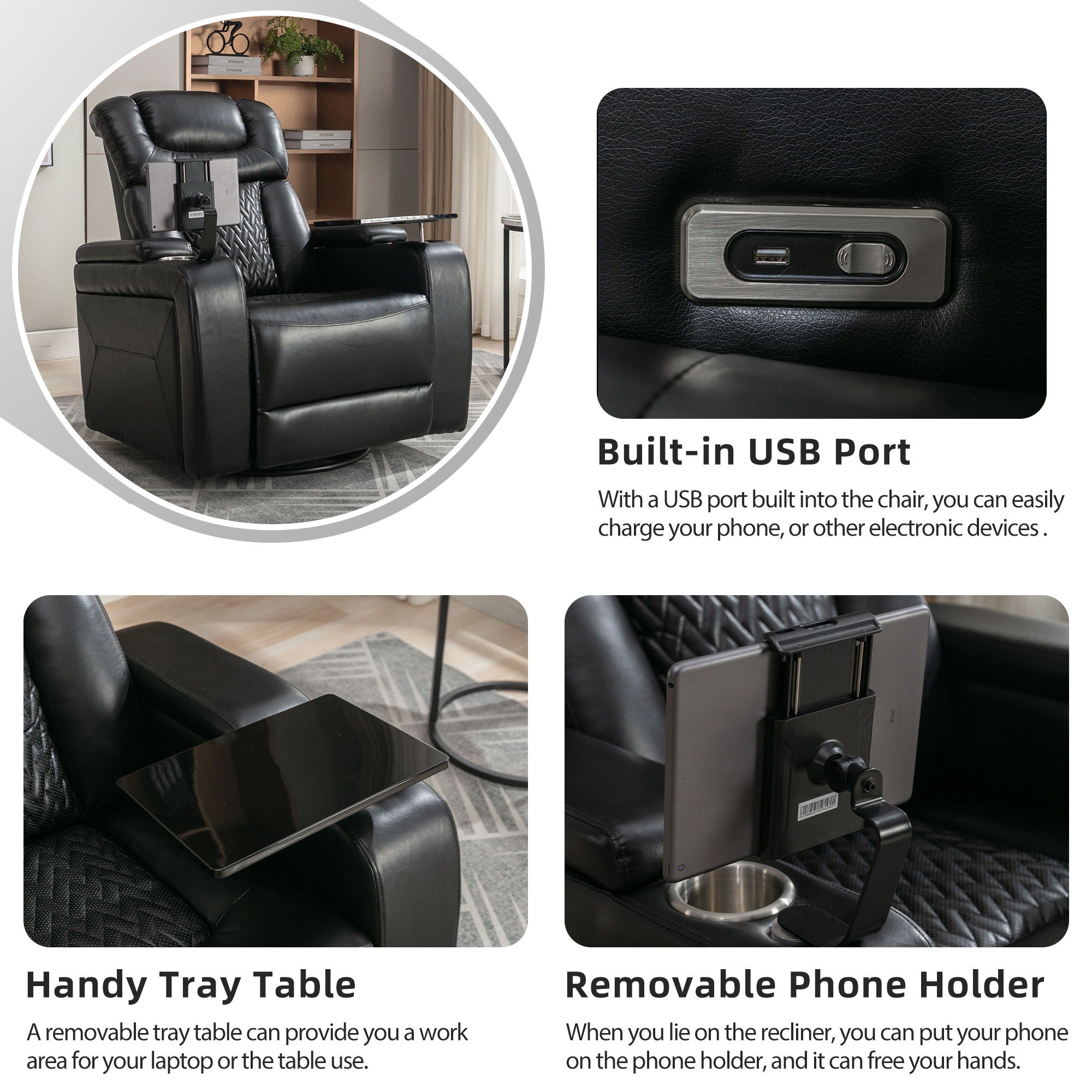 270 Degree Swivel Power Recliner With Tray Table, Phone Holder, Cup Holder, USB Port