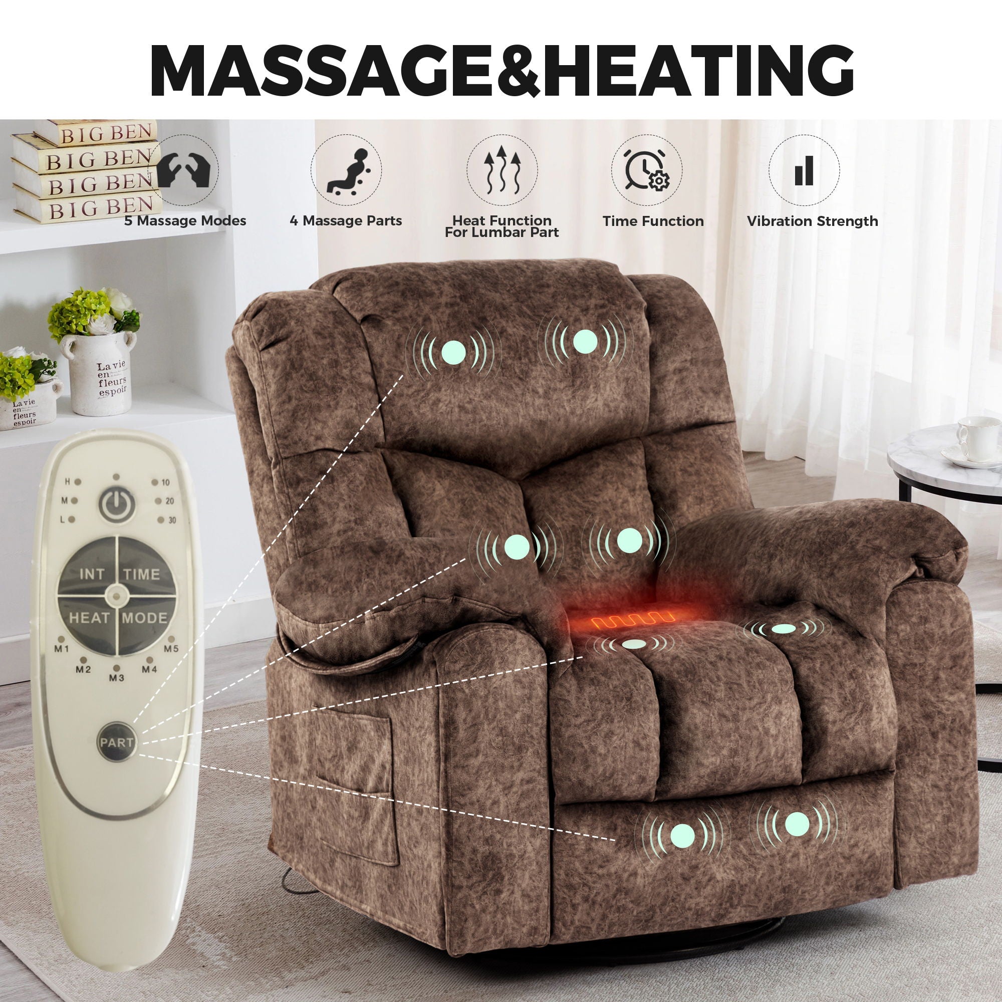 Swivel And Rocking Recliner Chair With Massage And Heating