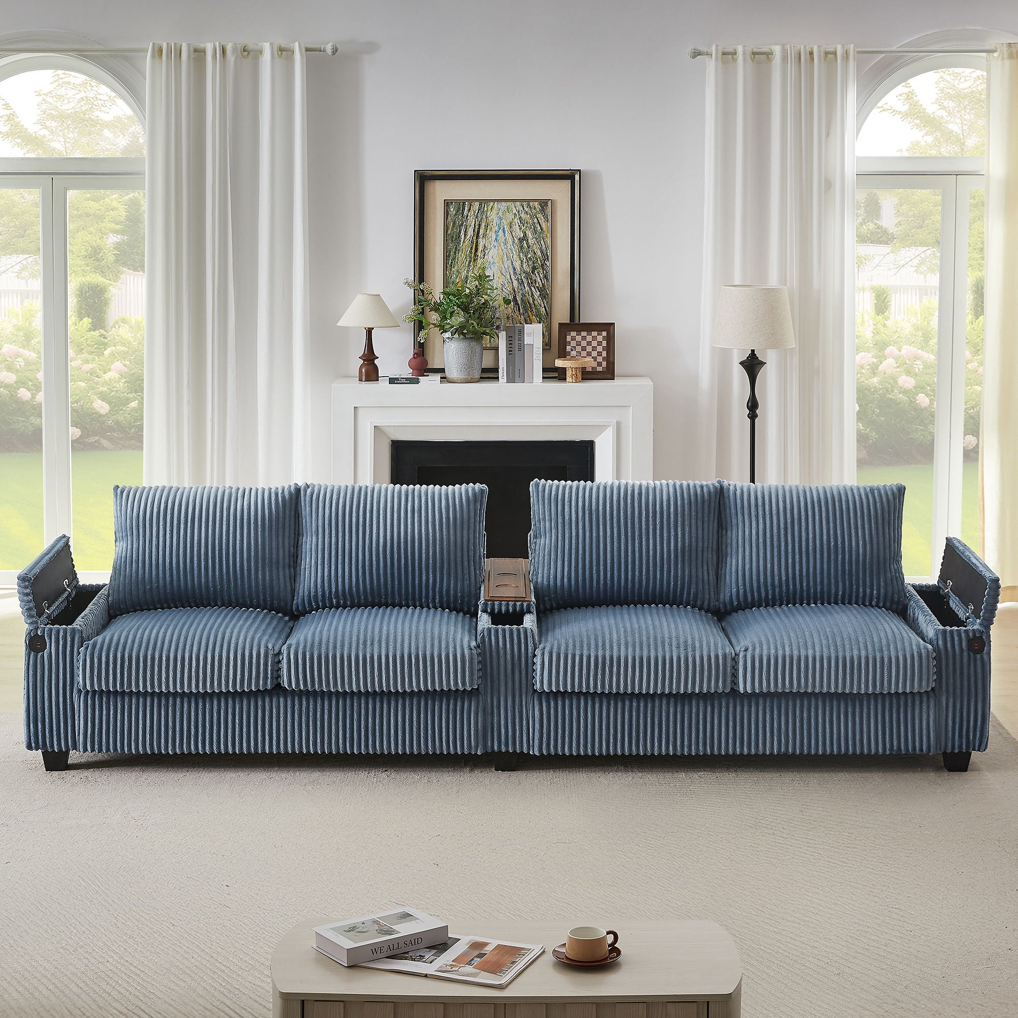 Modern 4 Seater Corduroy Sofa Couch With USB Ports And Hidden Storage