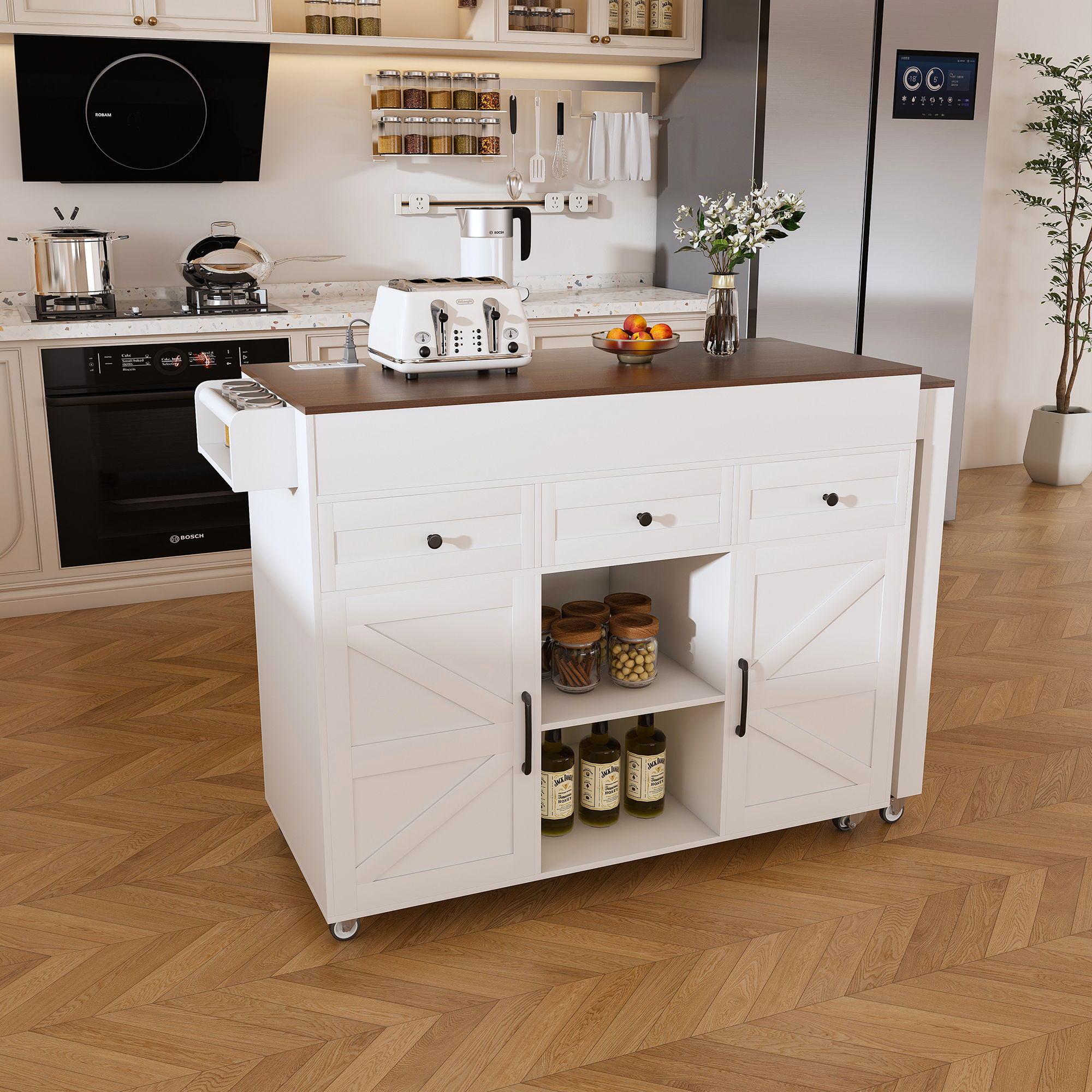 Modern Kitchen Island With Extendable Dining Table & Power Outlet - White