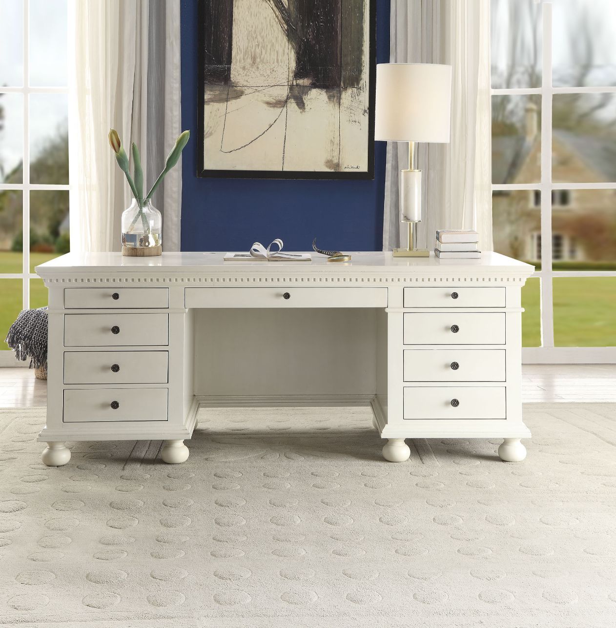 ACME Executive Office Desk with Drawer Top: Cord Management Cover Wooden Bun Round Leg | Meri Furniture
