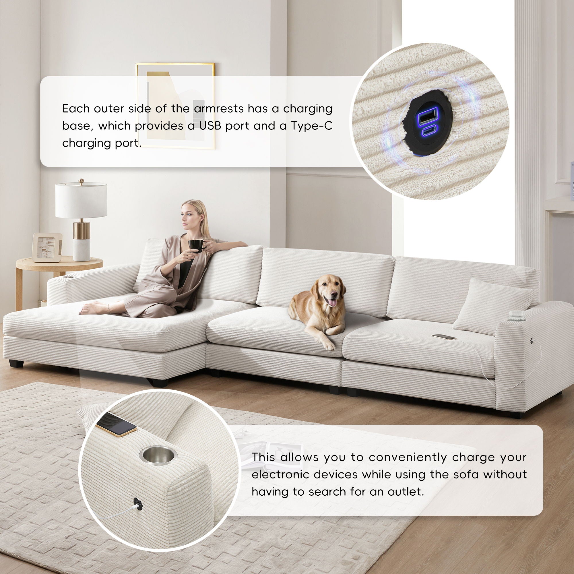 Oversized Sectional L Shaped Cloud Couch With USB Charging Port Cup Holder Deep And Wide Seat Sofa With Chaise Comfy