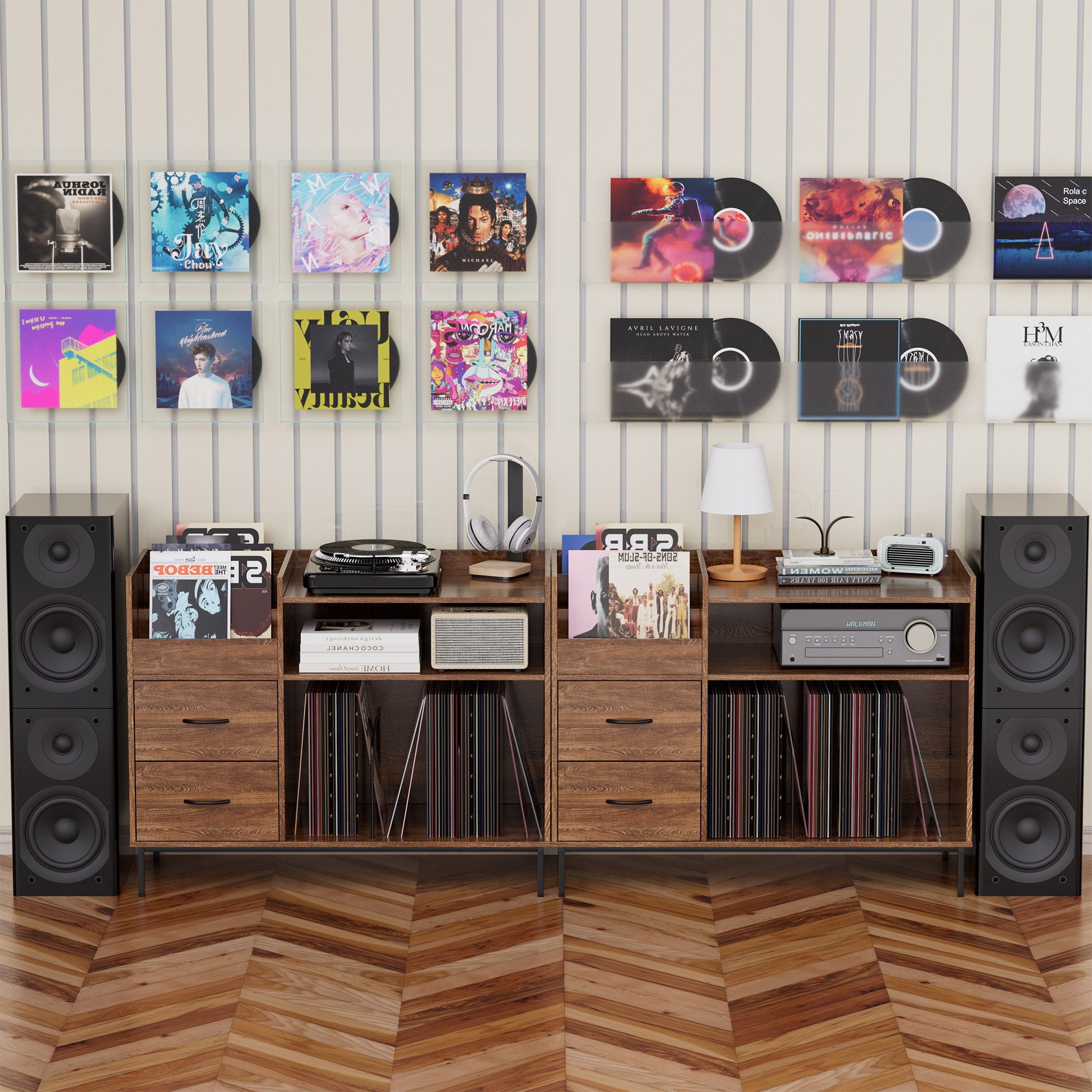 Grain Record Player Stand, Media Console With Speaker Shelf & 2 Drawers