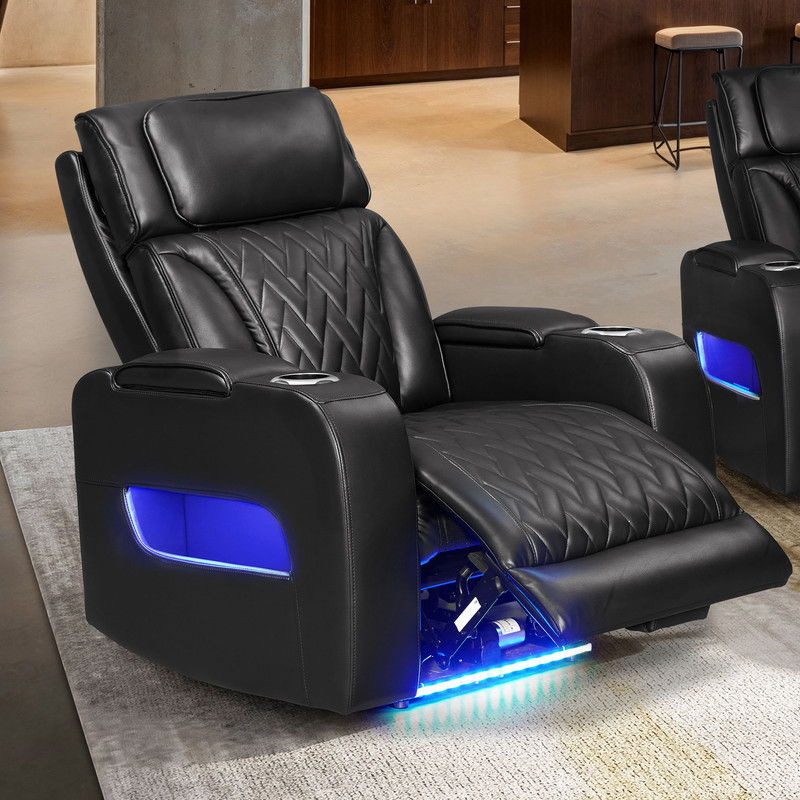 Jazz 37"W Black Leather Aire Transformer Power Reclining Chair with Power Headrest, LED Lights, USB & USB-C Ports, Storage & Cupholders