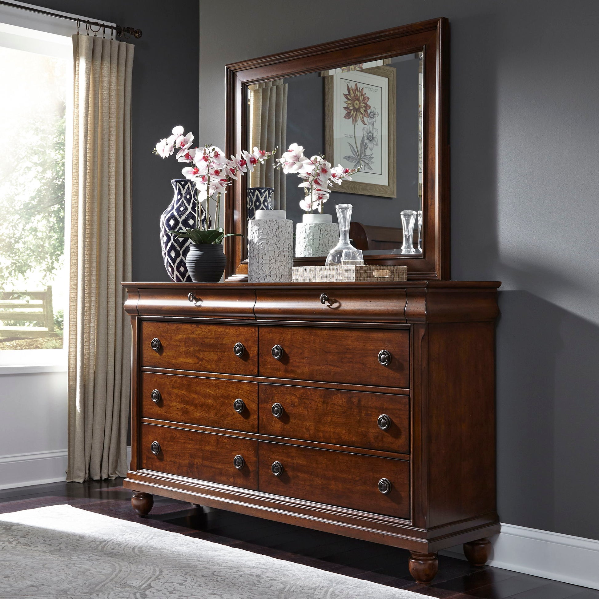 Liberty Furniture Rustic Traditions - Dresser & Mirror - Dark Brown | Meri Furniture