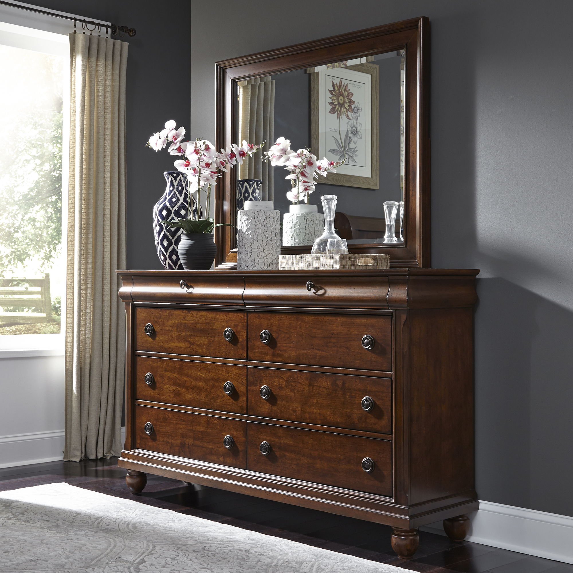 Liberty Furniture Rustic Traditions - Dresser & Mirror - Dark Brown | Meri Furniture