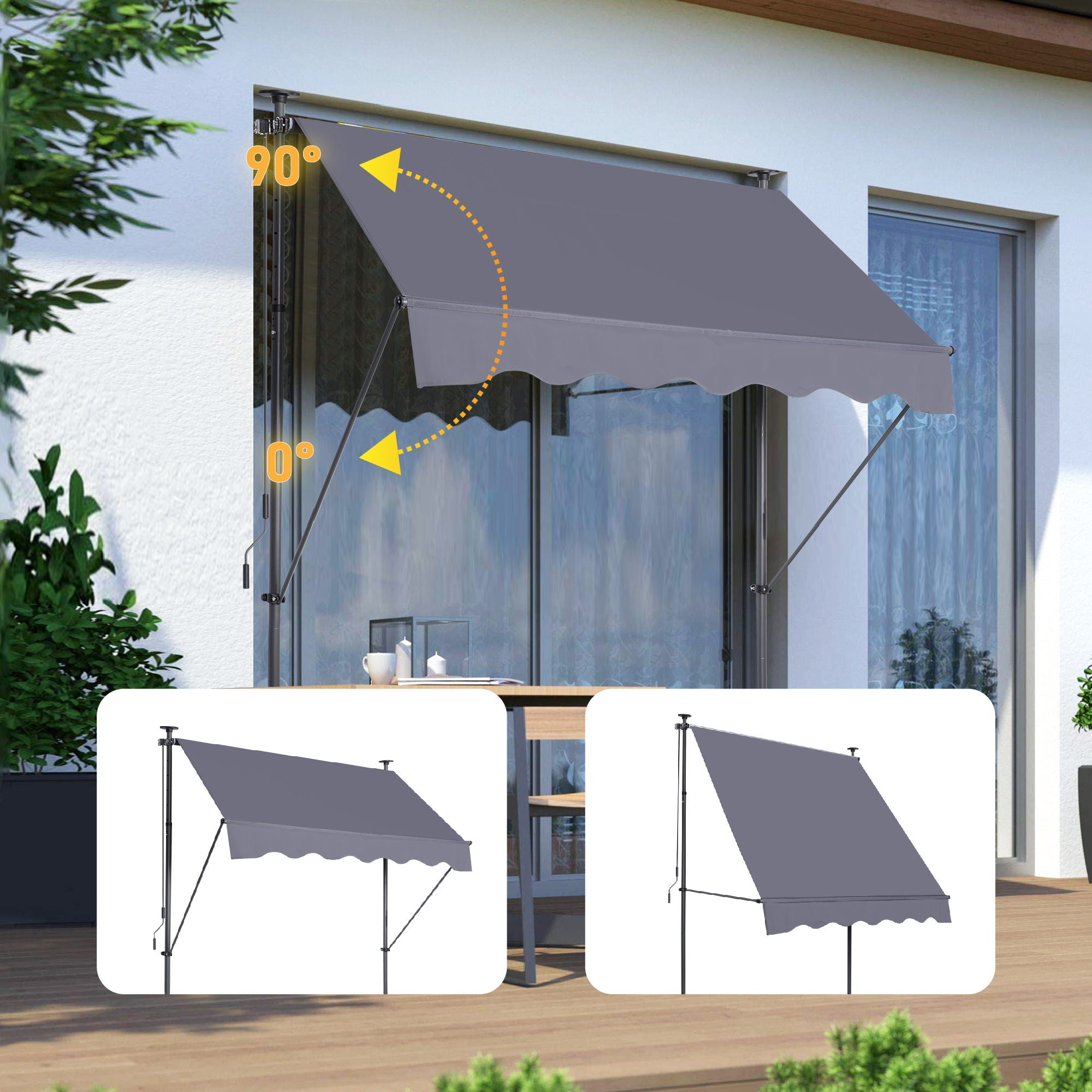 Manual Retractable Patio Awning, UV Resistant Polyester Sun Shade With No Drill Installation