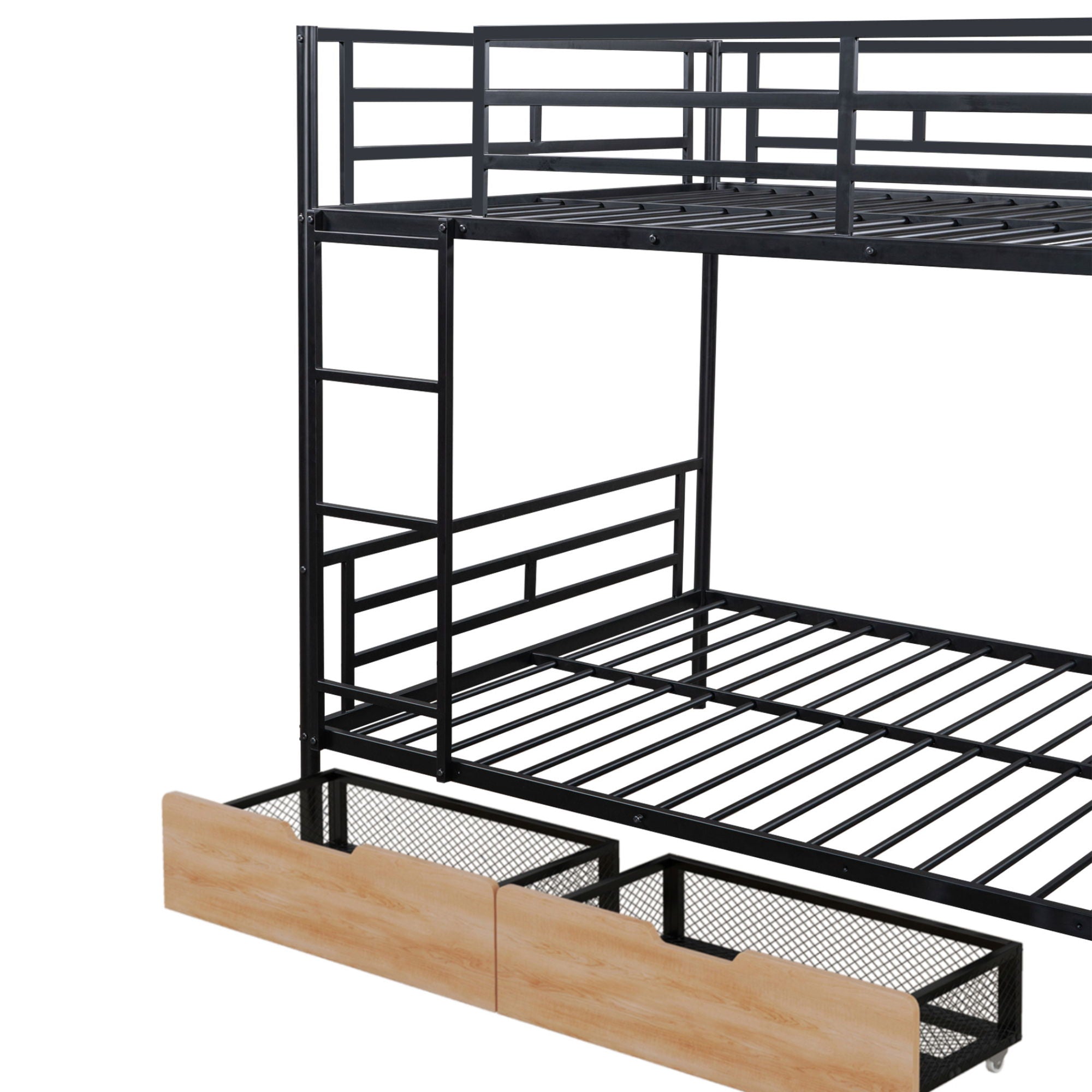 Full Size Bunk Bed With Built In Desk, Light, And 2 Drawers - Black