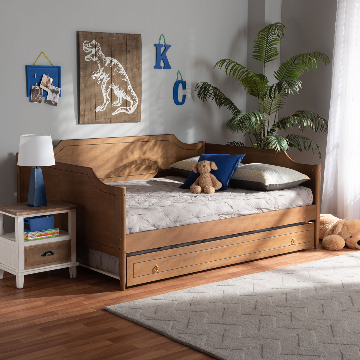 Alya Classic Traditional Farmhouse Walnut Brown Finished Wood Full Size Daybed with Roll-Out Trundle Bed