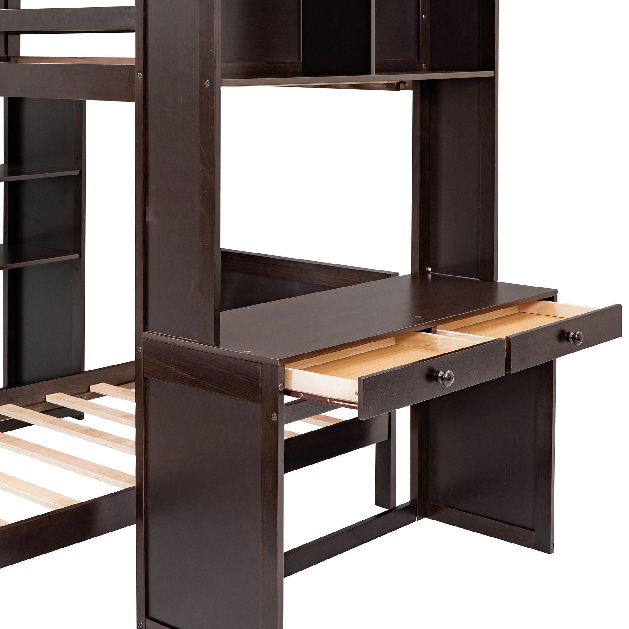 Loft Bed With A Stand Alone Bed, Shelves, Desk, And Wardrobe