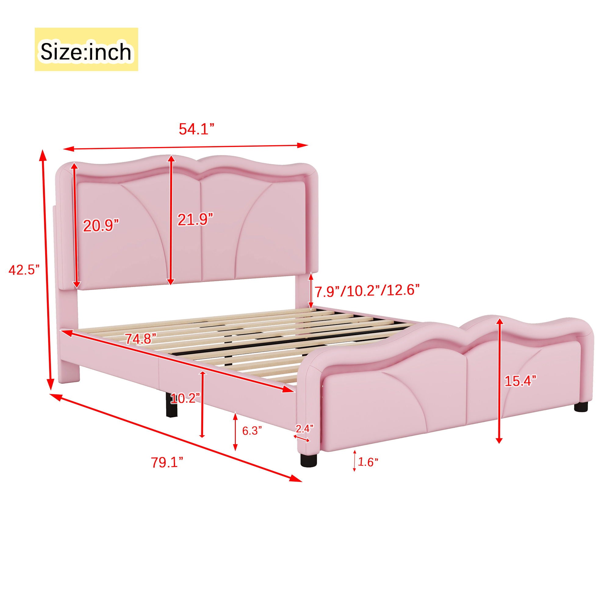 Upholstered Platform Bed & Curve Shaped And Height Adjustable Headboard, LED Light Strips