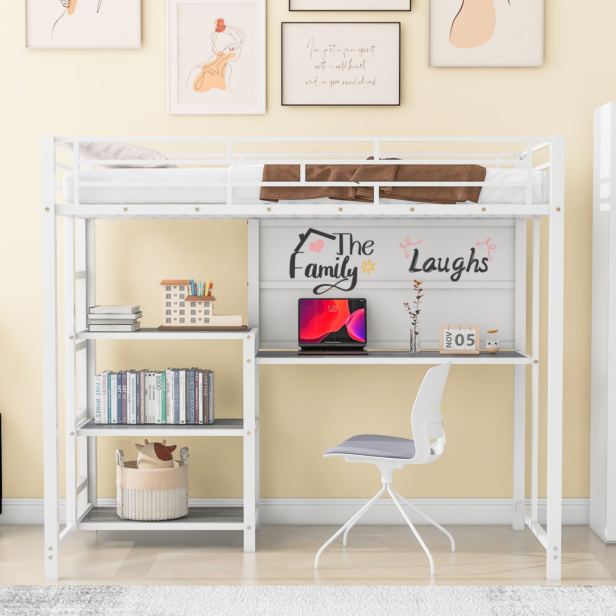 Metal Loft Bed With Desk, 3 Shelves And Ladder