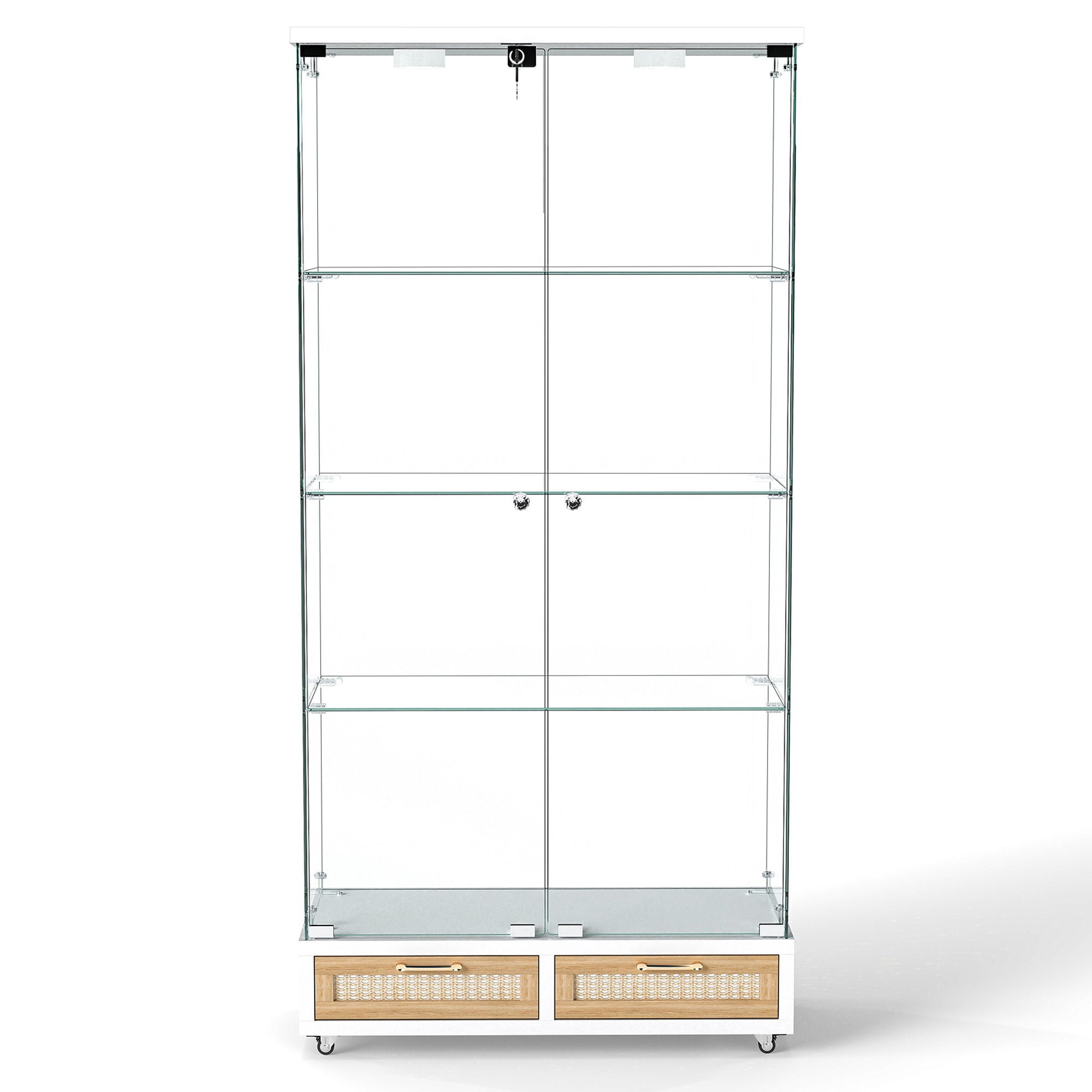 Glass Display Cabinet With LED Lights, Tempered Glass Doors, Large Drawers, 2 Door Storage Case With 4 Shelves - Natural / White