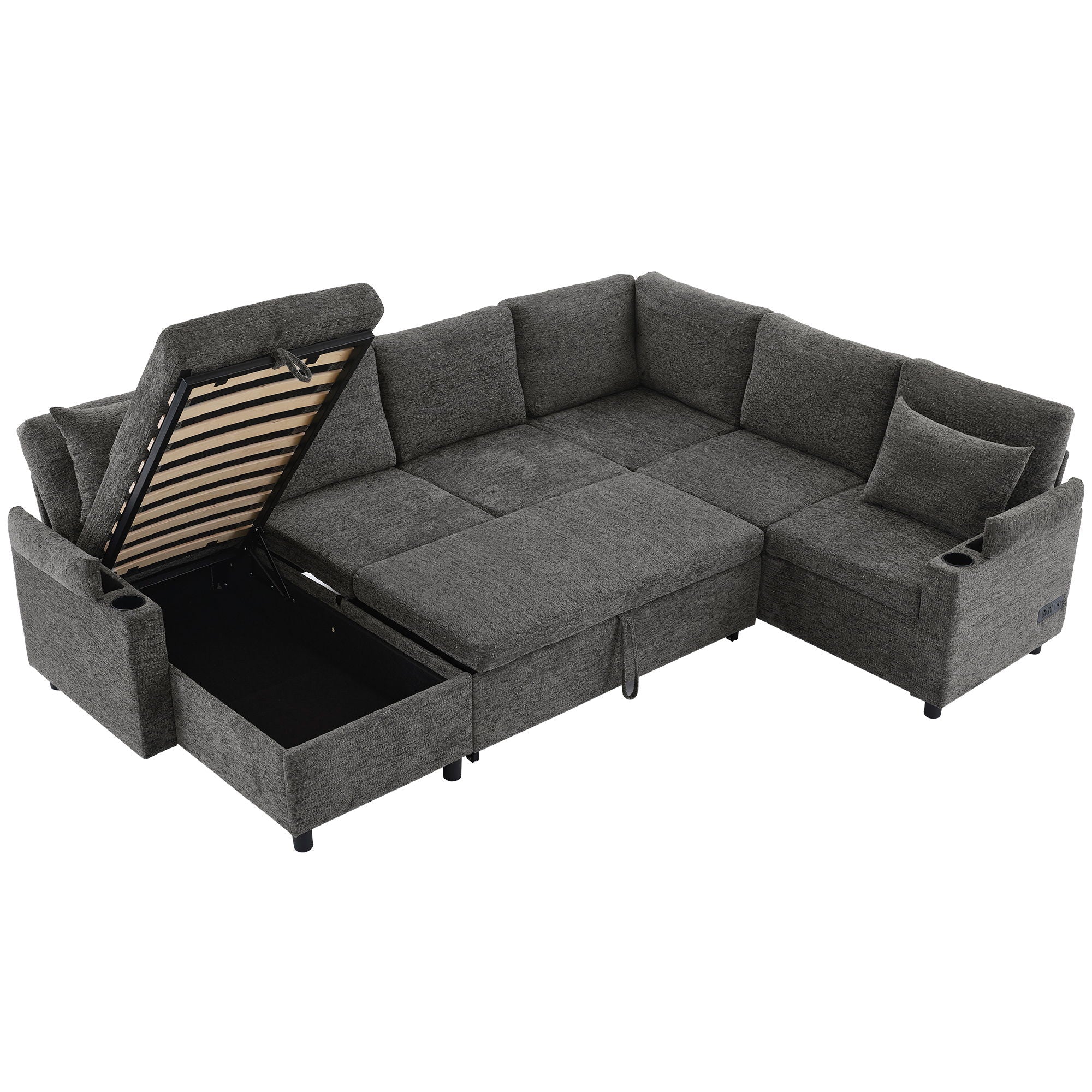 U-Shaped Sectional Sleeper Sofa With Ample Storage Space, 2 Cup Holders And Charging Ports For Living Room