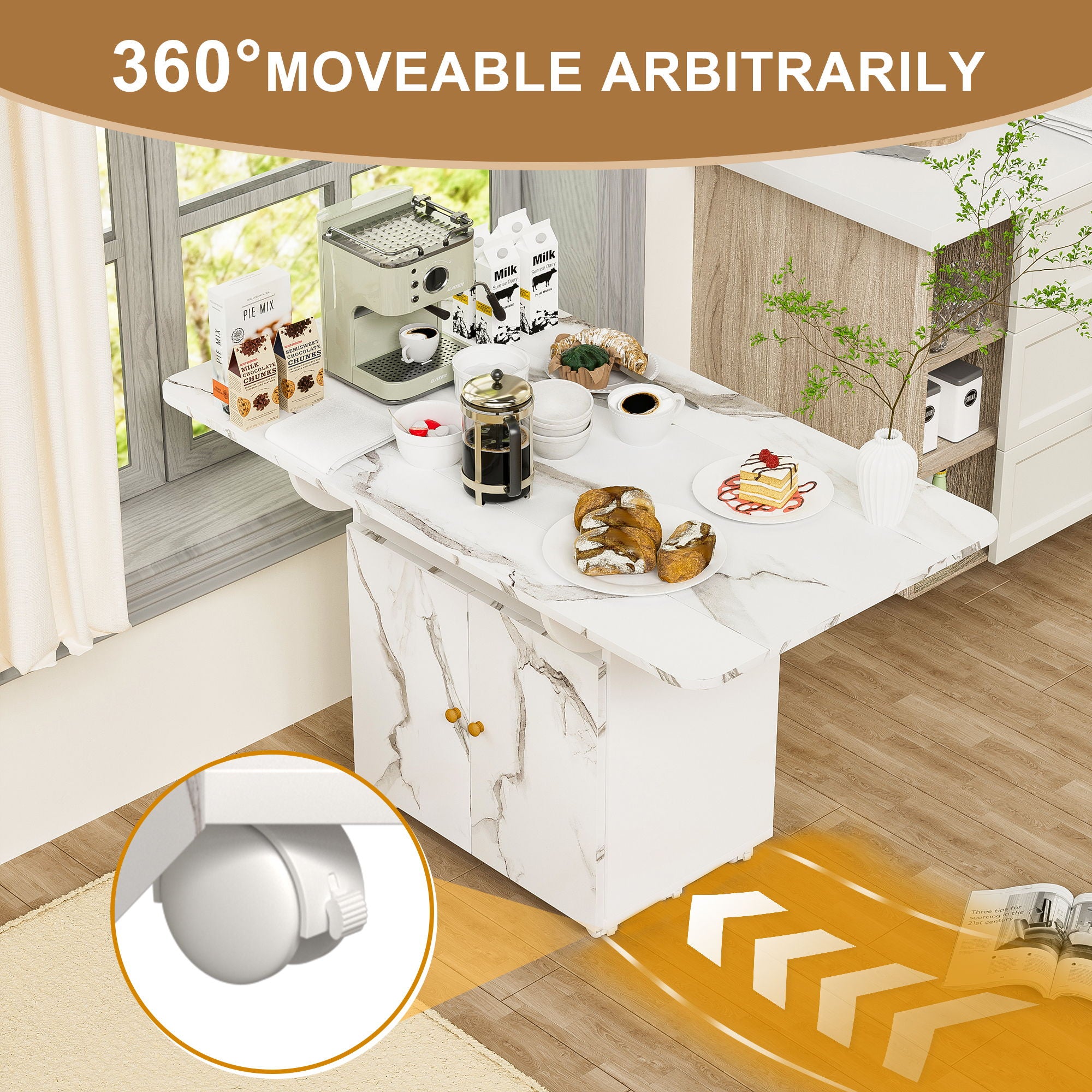 Versatile Marble Folding Dining Table With Storage Rack And Cabinet, 6 Wheels - White