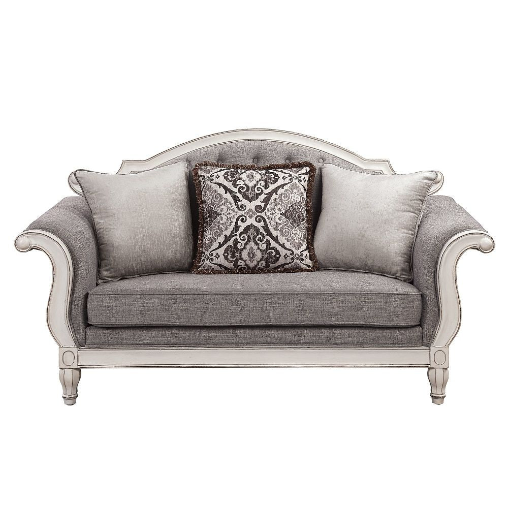 ACME Florian - Loveseat With 3 Pillows - Gray & Antique White | Meri Furniture