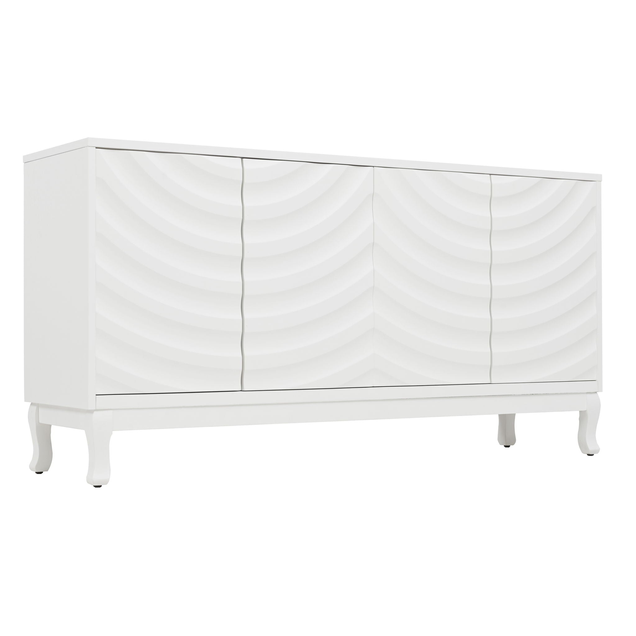 Elegant Sideboard With Sophisticated Wavy Pattern Doors And Arched Groove Design, Adjustable 4 Door Layout