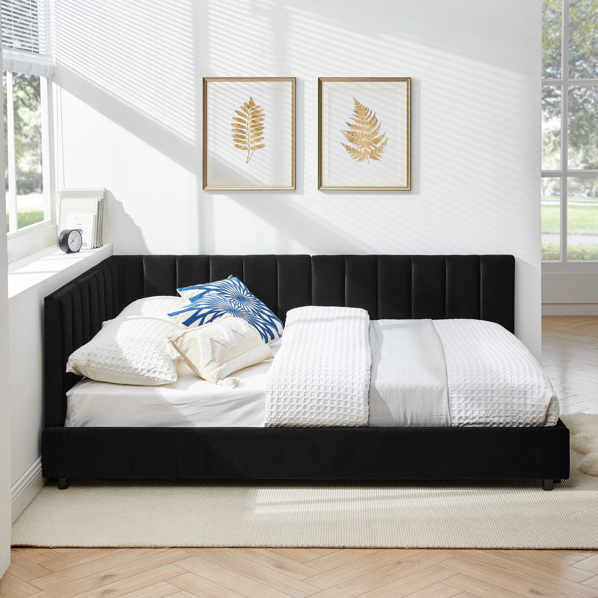 Mid-Century Upholstered Tufted Bed Frame With Backrest And Armrests