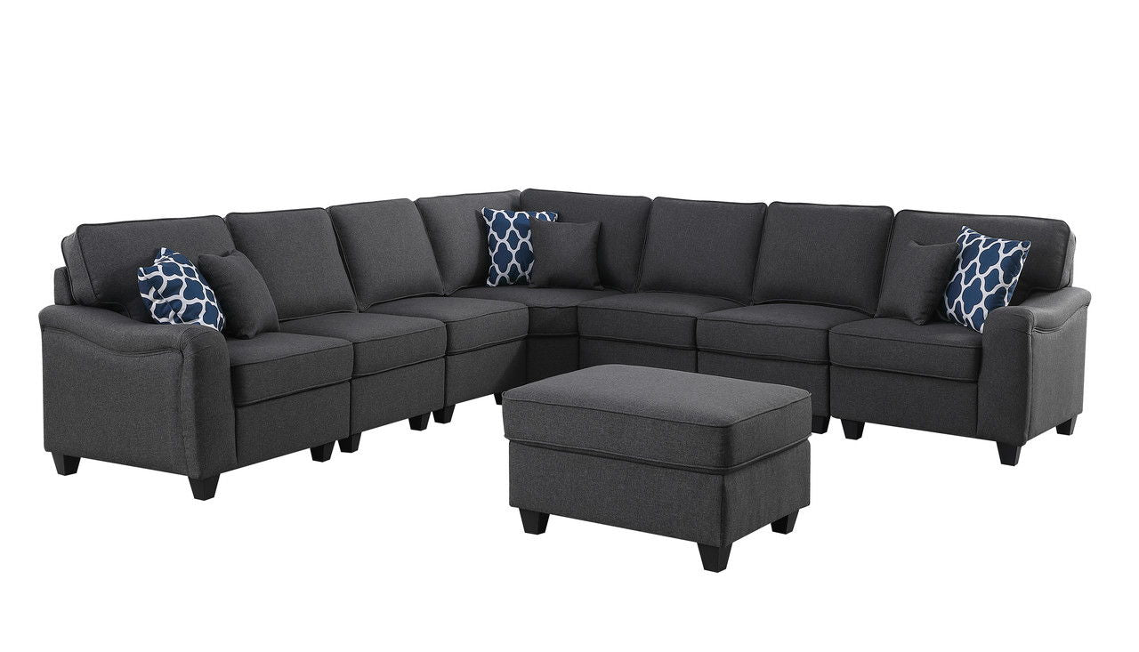 Leo 125"W Dark Gray Linen 8Pc Modular L-Shape Sectional Sofa and Ottoman