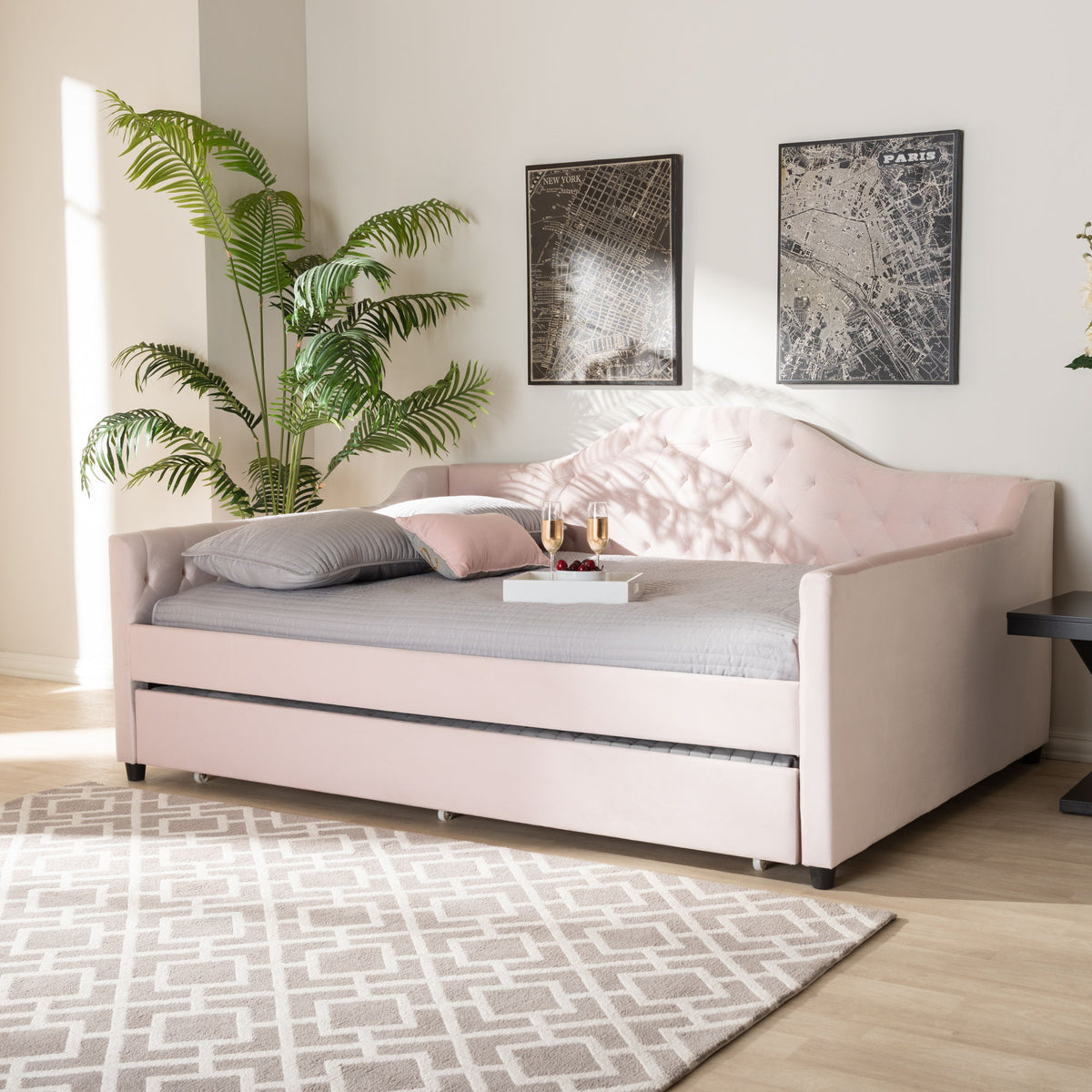 Perry Modern and Contemporary Light Pink Velvet Fabric Upholstered and Button Tufted Full Size Daybed with Trundle