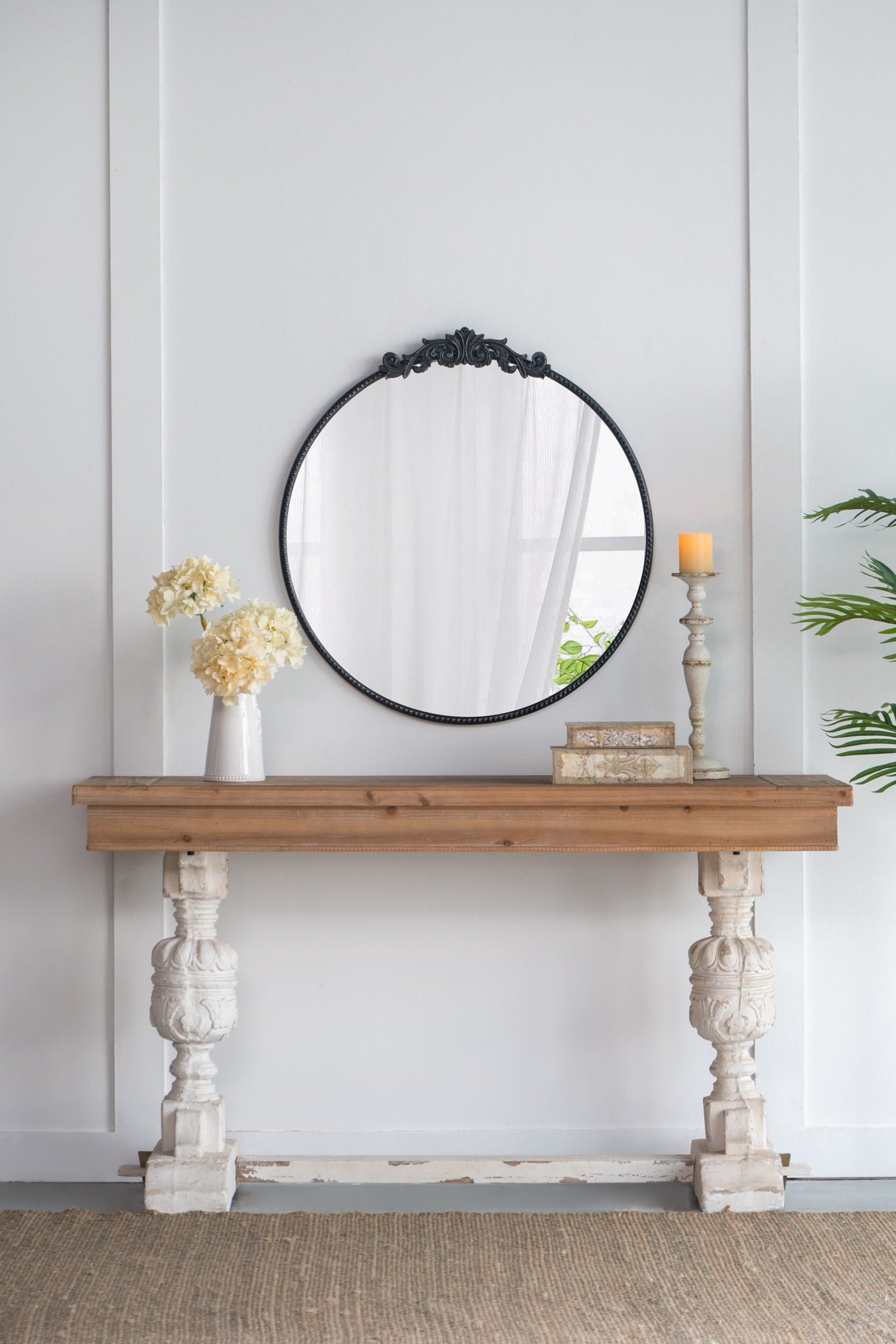 Classic Design Mirror With Baroque Inspired Frame For Bathroom, Entryway Console Lean Against Wall
