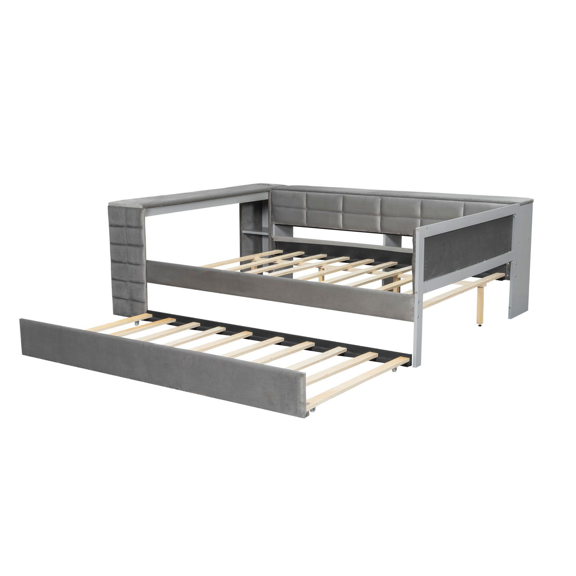 Upholstered Platform Bed With Storage Shelves, Desk, Charging Station And Trundle