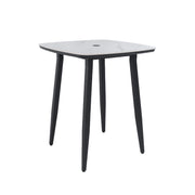 Modern Outdoor Bar Table, Rounded Square Sintered Stone Top With Umbrella Hole, Rust Free Frame, Weatherproof - Ember Black / White