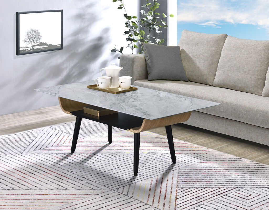 Landon 47"W Coffee Table with Glass Gray Marble Texture Top and Bent Wood Design