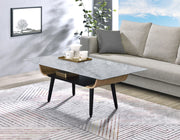 Landon 47"W Coffee Table with Glass Gray Marble Texture Top and Bent Wood Design