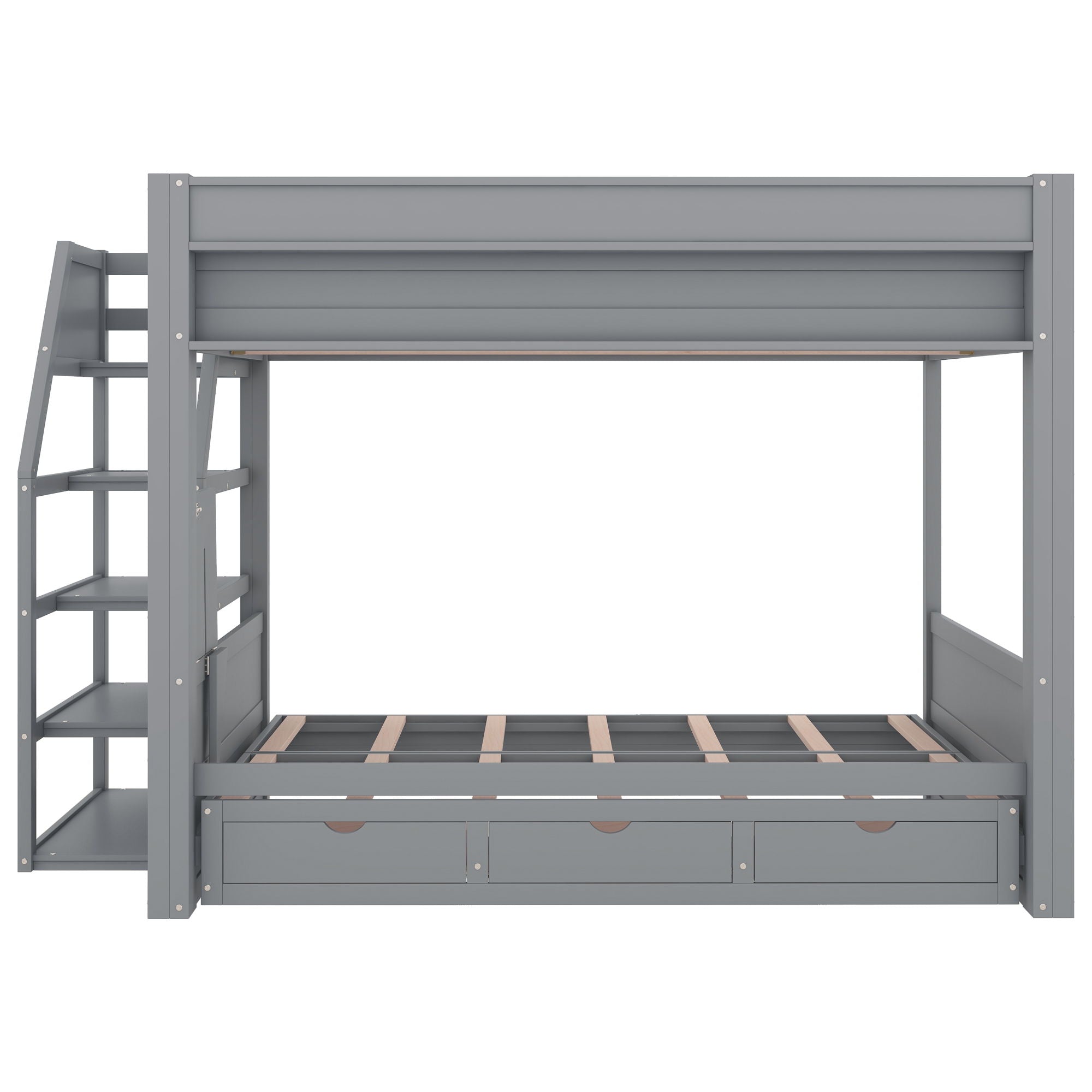 Wood Full Size Convertible Bunk Bed With Storage Staircase, Bedside Table, And 3 Drawers - Gray